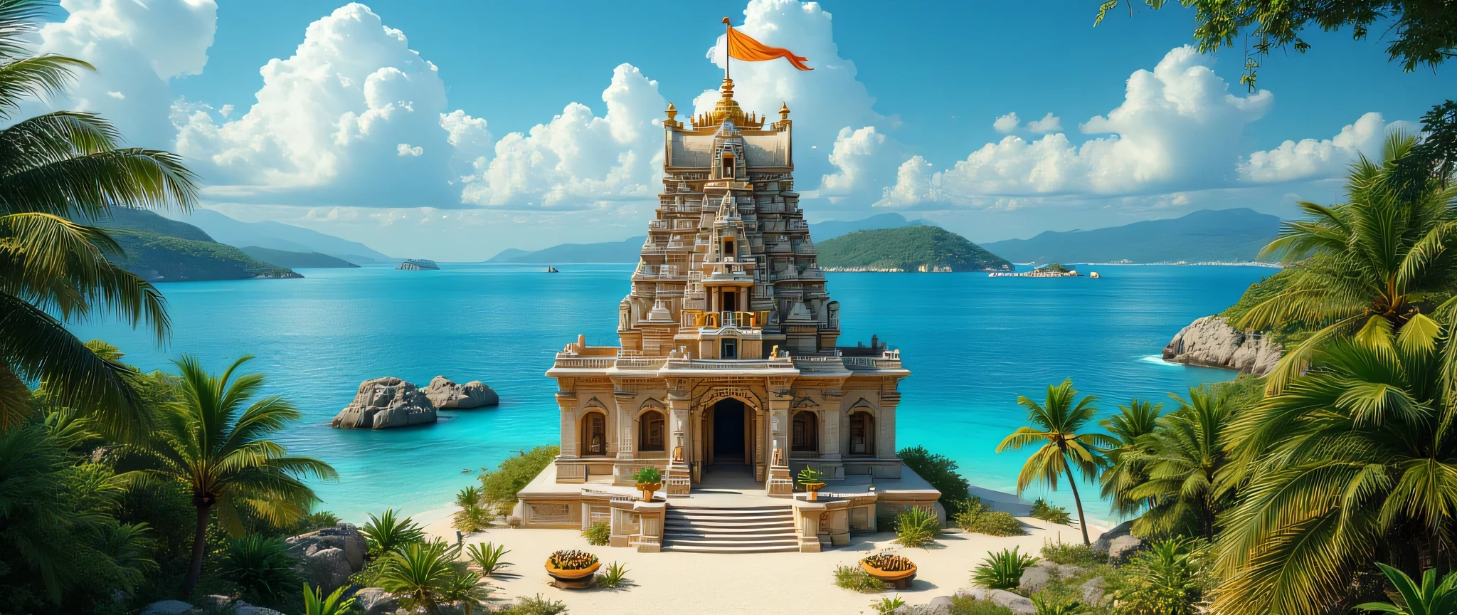 “An ultra-realistic cinematic front photoshoot of a tropical island surrounded by turquoise blue waters and soft sandy beaches. At the heart of the island stands a magnificent Hindu temple, built in traditional South Indian style with intricate stone carvings, a tall gopuram, and detailed sculptures of gods and sacred symbols.
The temple is placed on an elevated hilltop, making it visible across the island, surrounded by lush green trees and rocky formations. A saffron flag flutters proudly at the top of the temple tower, glowing in the sunlight against the clear blue sky.
The temple radiates divinity and serenity, with stone steps leading up, oil lamps placed around, and colorful motifs carved into the walls. The atmosphere is cinematic and ultra-realistic, with dramatic lighting, sharp details, and a professional photoshoot aesthetic—capturing the beauty of the island, the temple, and the ocean horizon.”