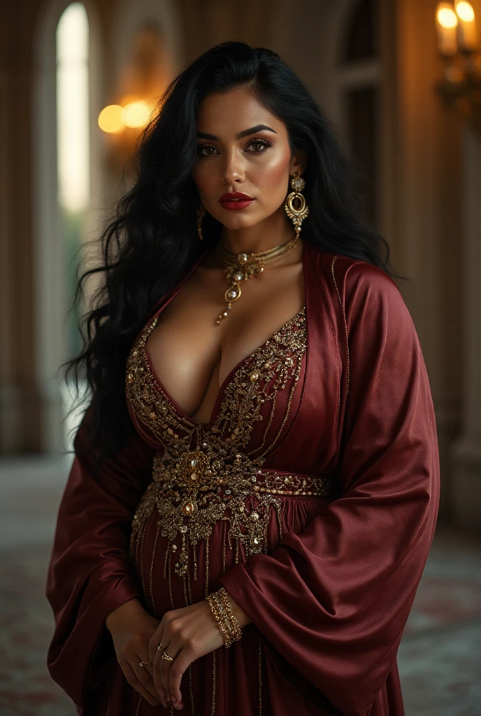 a woman in a veil posing for a picture, arabic goddess, traditional beauty, arabic, beautiful goddess, ornate cosplay, indian style, arabic super model, beautiful maiden, gorgeous woman, middle eastern with long, provocative arabic, gorgeous beautiful woman, intricate outfit, Arabian aesthetic, beautiful middle eastern girl, extremely detailed goddess shot, jaw-dropping beauty, big boobs deep cleavage sexy navel, perfect nails, detailed women's nails, white colored nails, finger nails, detailed feminine hand, very realistic hand with 5 fingers, perfect 5 fingers on hand, perfect 5 toes on feet, hiding fingers, wearing black, hands behind her head, wearing black sexy dress