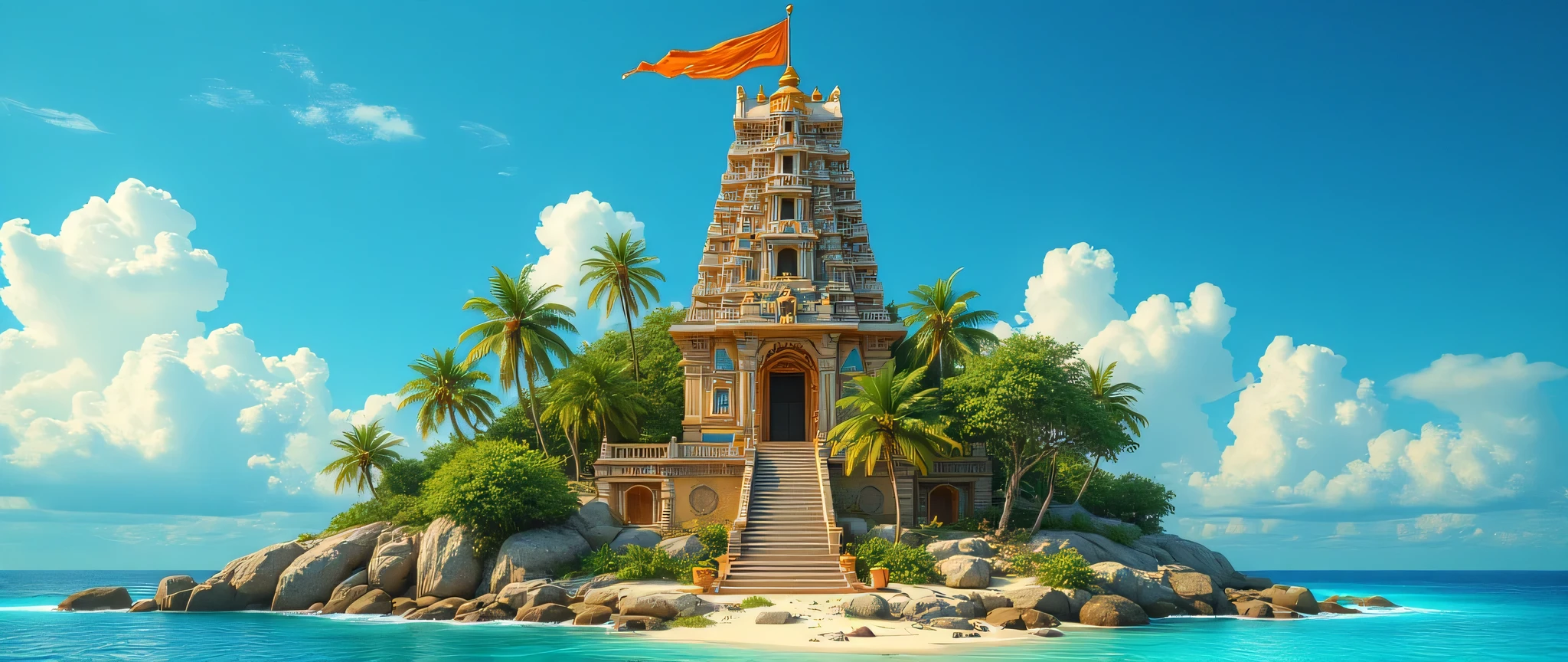 “An ultra-realistic cinematic front photoshoot of a tropical island surrounded by turquoise blue waters and soft sandy beaches. At the heart of the island stands a magnificent Hindu temple, built in traditional South Indian style with intricate stone carvings, a tall gopuram, and detailed sculptures of gods and sacred symbols.
The temple is placed on an elevated hilltop, making it visible across the island, surrounded by lush green trees and rocky formations. A saffron flag flutters proudly at the top of the temple tower, glowing in the sunlight against the clear blue sky.
The temple radiates divinity and serenity, with stone steps leading up, oil lamps placed around, and colorful motifs carved into the walls. The atmosphere is cinematic and ultra-realistic, with dramatic lighting, sharp details, and a professional photoshoot aesthetic—capturing the beauty of the island, the temple, and the ocean horizon.”