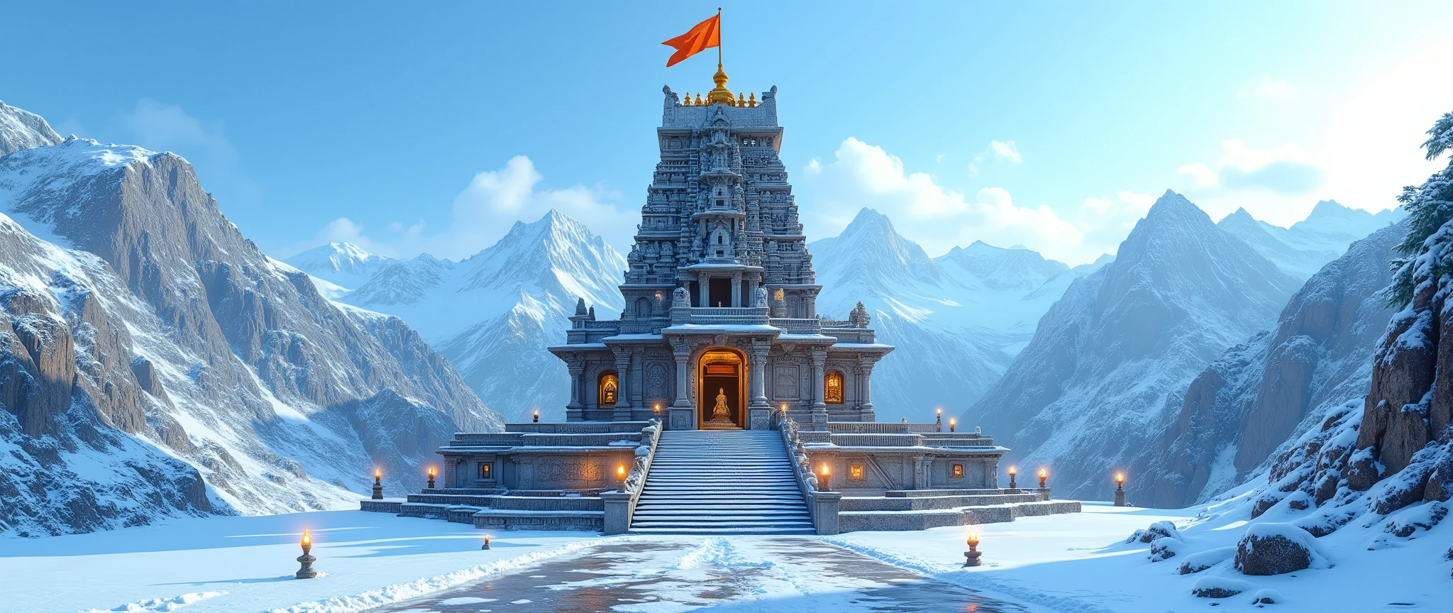“An ultra-realistic cinematic front-facing photoshoot of a majestic Hindu temple high in the Himalayas, standing tall against snow-covered mountains. The temple is built in traditional South Indian style with intricate stone carvings, a towering gopuram, and detailed sculptures of gods and sacred symbols, all clearly visible from the front view.
The temple rises from a rocky snow-covered base, with wide stone steps leading directly toward the viewer, partially covered in frost and snow. The foreground shows a snowy pathway leading up to the temple entrance, enhancing the symmetrical front composition.
At the very top of the temple tower, a saffron flag flutters proudly, its vibrant orange color glowing against the crisp white snow and clear blue sky. Small oil lamps line the steps, casting a warm golden glow that contrasts beautifully with the icy environment.
The scene is captured in ultra-realistic cinematic photoshoot style, with a direct centered angle, sharp details in textures (stone carvings, snow, ice, fabric), dramatic lighting, and professional high-resolution clarity, making the temple appear both divine and awe-inspiring.”