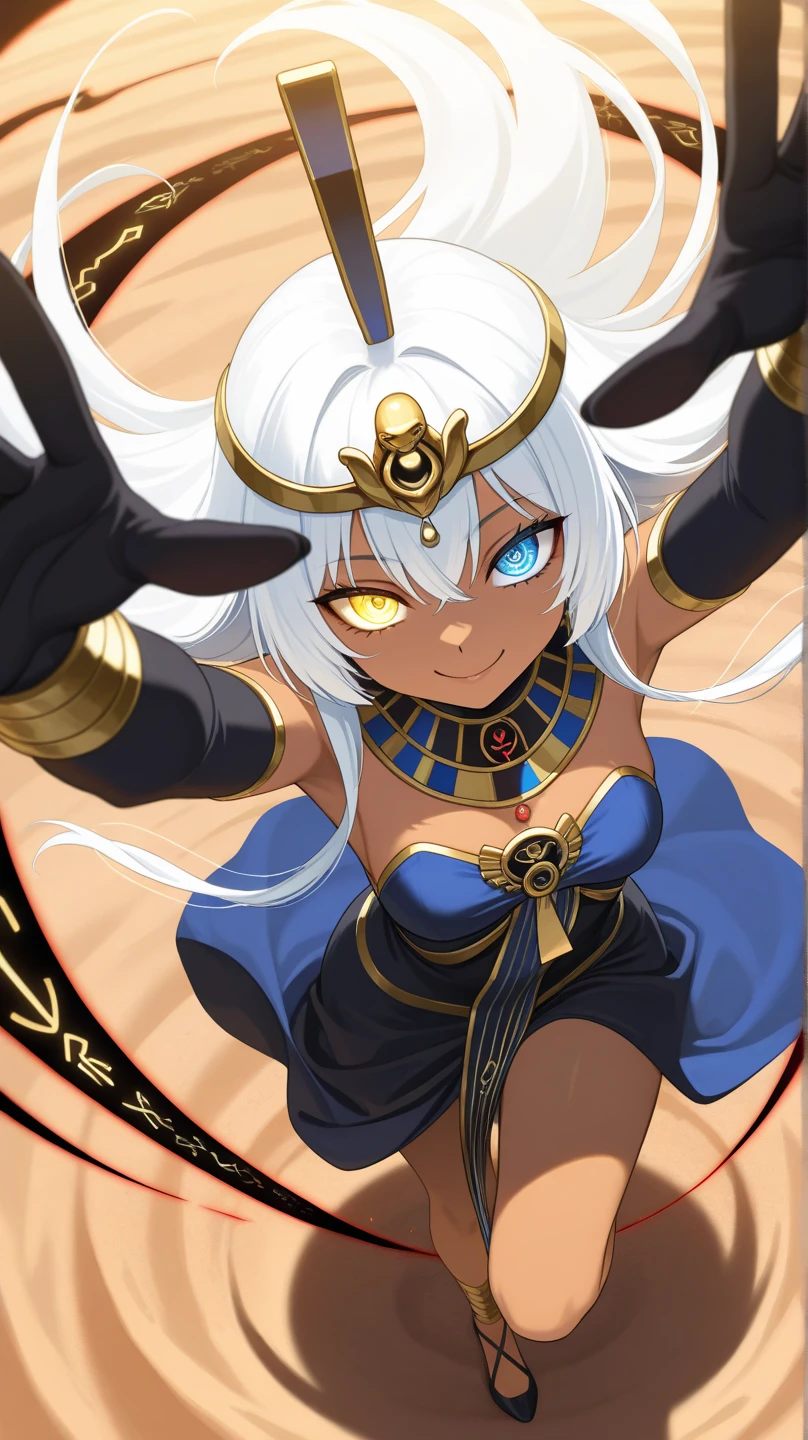 (masterpiece, best quality:1.2), nitocris alter, fgo, (stage 2, glowing legs, bandages:1.4), 1girl, egyptian, dark-skinned female, egyptian clothes, yellow eyes, bangs, short hair, white hair, jackel ears, facial markings, large breasts, hairband, sidelocks, jewelry, breast curtains, hoop earrings, red cape, dark background <lora:NITOALTER-15:0.7>