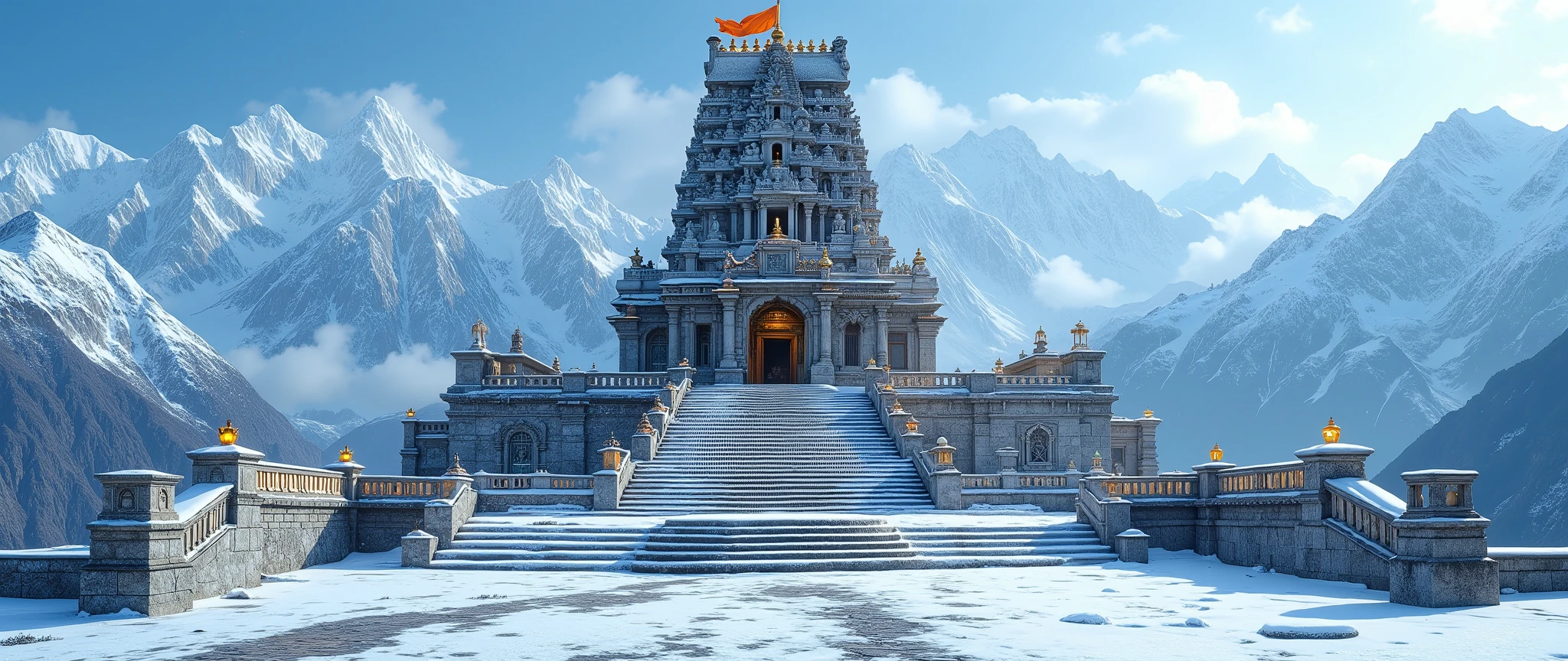 “An ultra-realistic cinematic front-facing photoshoot of a majestic Hindu temple high in the Himalayas, standing tall against snow-covered mountains. The temple is built in traditional South Indian style with intricate stone carvings, a towering gopuram, and detailed sculptures of gods and sacred symbols, all clearly visible from the front view.

The temple rises from a rocky snow-covered base, with wide stone steps leading directly toward the viewer, partially covered in frost and snow. The foreground shows a snowy pathway leading up to the temple entrance, enhancing the symmetrical front composition.

At the very top of the temple tower, a saffron flag flutters proudly, its vibrant orange color glowing against the crisp white snow and clear blue sky. Small oil lamps line the steps, casting a warm golden glow that contrasts beautifully with the icy environment.

The scene is captured in ultra-realistic cinematic photoshoot style, with a direct centered angle, sharp details in textures (stone carvings, snow, ice, fabric), dramatic lighting, and professional high-resolution clarity, making the temple appear both divine and awe-inspiring.”