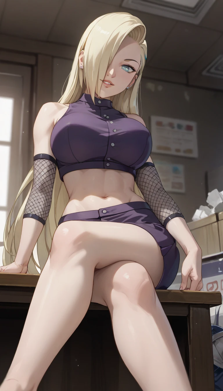 Create an ecchi artwork of Tsunade from Naruto. She is in her office, dressed in a revealing kunoichi ninja outfit that accentuates her curves. The outfit includes a tight-fitting top that shows off her ample cleavage and a short skirt with fishnet stockings. She’s leaning against her desk with a seductive smile, her eyes glancing provocatively towards the viewer. Her long blonde hair cascades down her back, and the lighting in the room casts a warm glow on her flawless skin. The background features a glimpse of her office, with scrolls and ninja tools neatly arranged, adding to the immersive atmosphere.