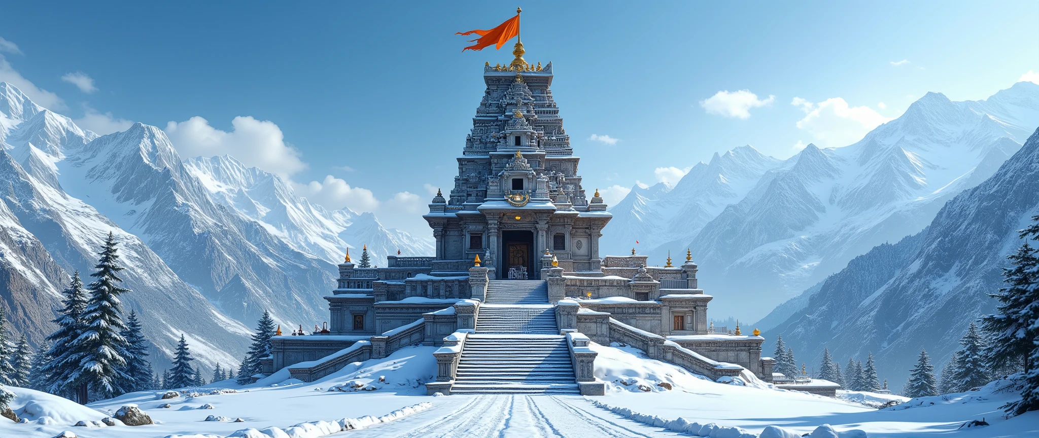 “An ultra-realistic cinematic front-facing photoshoot of a majestic Hindu temple high in the Himalayas, standing tall against snow-covered mountains. The temple is built in traditional South Indian style with intricate stone carvings, a towering gopuram, and detailed sculptures of gods and sacred symbols, all clearly visible from the front view.
The temple rises from a rocky snow-covered base, with wide stone steps leading directly toward the viewer, partially covered in frost and snow. The foreground shows a snowy pathway leading up to the temple entrance, enhancing the symmetrical front composition.
At the very top of the temple tower, a saffron flag flutters proudly, its vibrant orange color glowing against the crisp white snow and clear blue sky. Small oil lamps line the steps, casting a warm golden glow that contrasts beautifully with the icy environment.
The scene is captured in ultra-realistic cinematic photoshoot style, with a direct centered angle, sharp details in textures (stone carvings, snow, ice, fabric), dramatic lighting, and professional high-resolution clarity, making the temple appear both divine and awe-inspiring.”