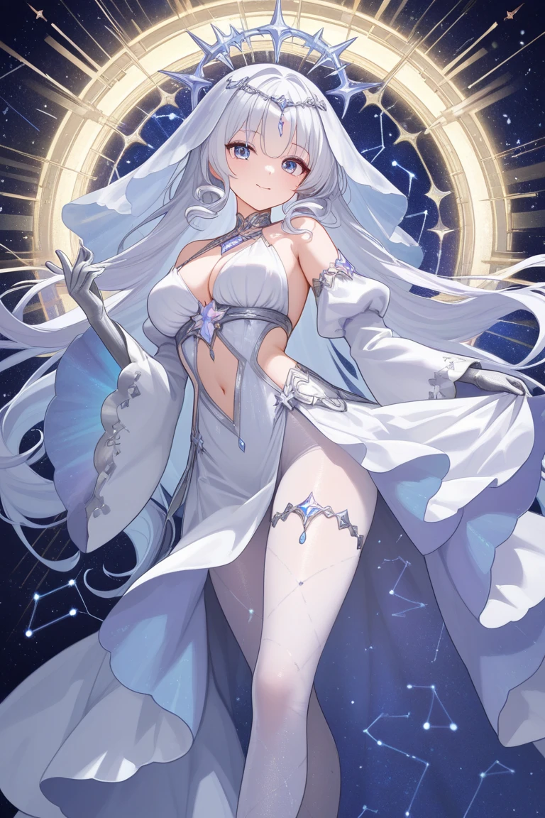 A beautiful detailed girl with long white hair and piercing blue eyes, slight glare, posing gracefully with one hand raised above her head, (best quality,4k,8k,highres,masterpiece:1.2),ultra-detailed,(realistic,photorealistic,photo-realistic:1.37),detailed facial features,high fashion dress,ethereal,elegant,serene,mystical,dramatic lighting,glowing,dreamy,fantasy,cinematic,intricate details