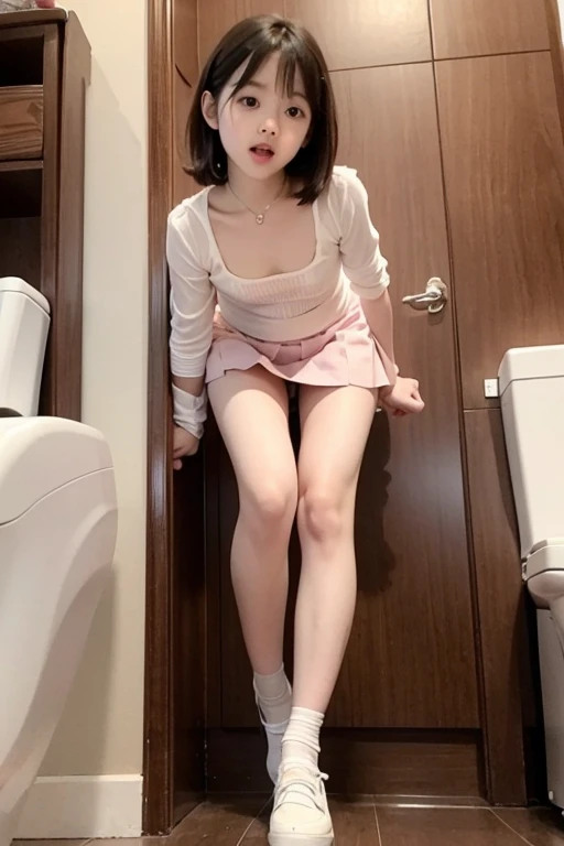 ultra-detailliert、masterpiece、top-quality、超A high resolution、high-level image quality、(Opening legs、Spread your legs apart:1.2)、(Sit on the toilet seat、Toilet room:1.3)、Blouse、doress、、eye glasses(sexy panty:1.3)、Detailed panty patterns、panties focus、Cute Japan person、Shortcut Hair、from the front side、put out the tongue、
