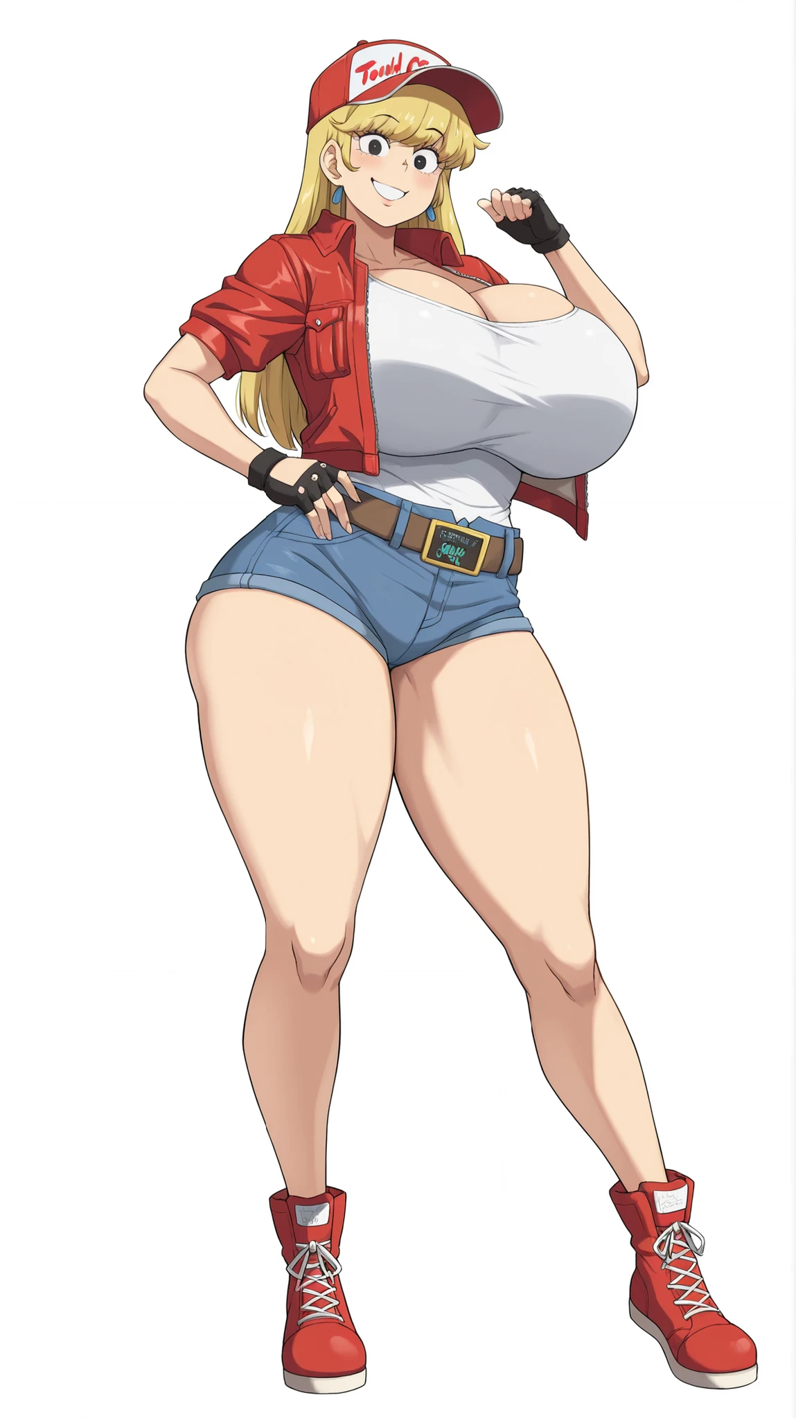 White background, source_show, Loud House, Leni Loud, solo, 1girl, curvy, voluptuous body, extremely huge breasts, wide hips, thick thighs, gentle smile, blonde hair, black eyes, standing, (Terry Bogard cosplay), Guilty Gear Strive artstyle