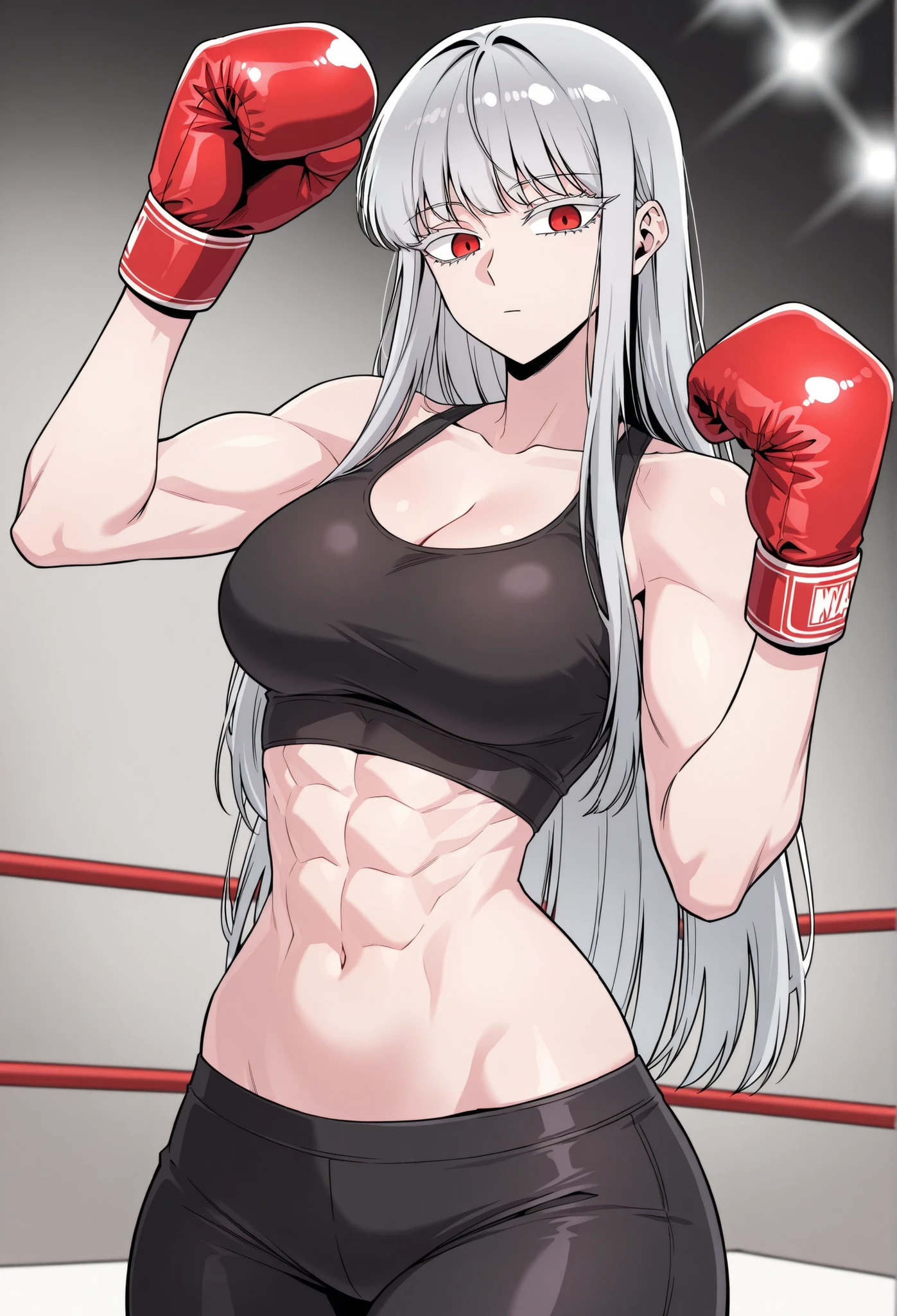 Masterpiece, source_anime, top-quality, perfect anatomically, correct , sharp focus, 4K, 8K, anime girl, highres, beautiful face girl, ultra detail, correct details, perfect details, 1girl, Webtoon Character) Ihwa / 이화 (Hero killer / 히어로 킬러), solo, bright skin, tall:1.3, fit female, athletic figure, abs muscles, six-pack details, bright skin, light grey hair, long hair, bangs, smooth hair, straight hair, grey eyelashes, red eyes, sharp eyes, eyes detailed, emotionless face, wide shoulders, curvy, :2.4, thick , beautiful shape , collarbone, cleavage, thick , thick thighs, black crop top, navel, black pants, boxing, upper body, cowboy shot, close up, indoor, in the gym,, boxing gloves safe for work, looking at viewer