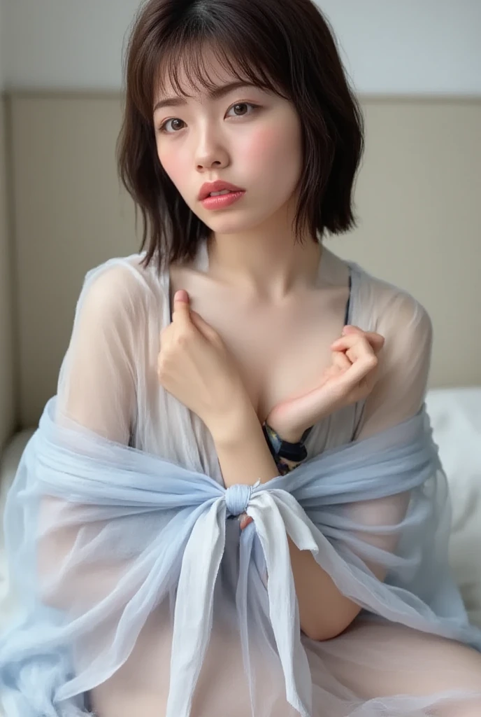 (shoulder-length straight short hair:1.3),(black hair:1.5),（Extremely meticulous CG 8k wallpaper），（Extremely refined and beautiful），（Masterpiece），（best qualtiy:1.0），（Ultra High Resolution:1.0），beautiful light up，Perfect lightning,realistic shaded，[A high resolution],(Smooth and flawless fair skin:1.5),Extremely exquisite facial details，ultra - detailed，A  girl，small head,(messy hair:1.2),dawn,dim light,Close Shot,at home,in bedroom,(sitting on bed:1.5),blue green background,(laughing:1.2),happy,from front，small face,（perfect body:1.1),small breasts，flat chest,slim,(white see through gauze pajama shirt:1.5),(femal orgasmic:1.5),(blush:1.3),(close-up of face:1.2)
