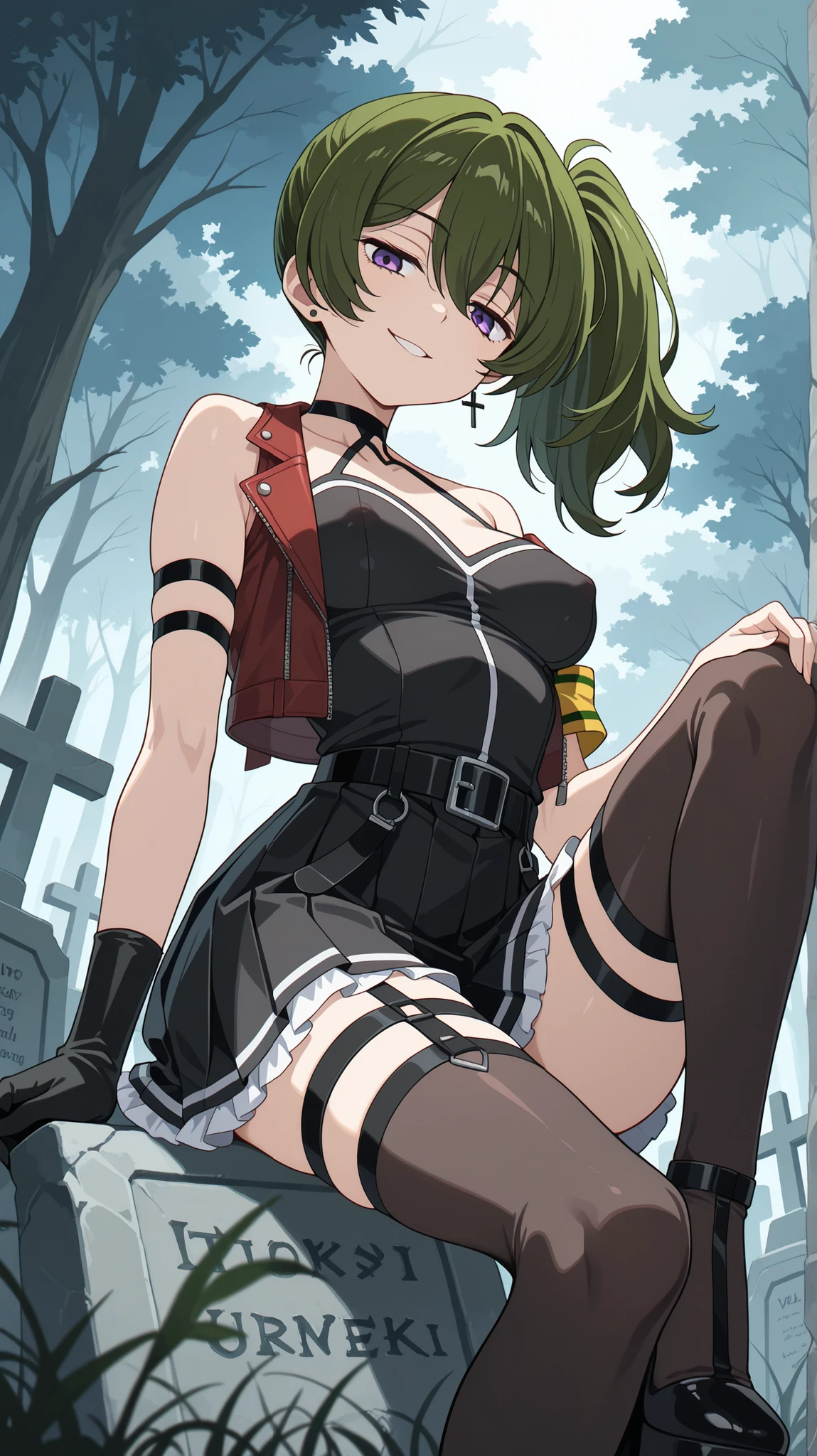 BREAK (masterpiece:1.2), best quality, high resolution, unity 8k wallpaper, (illustration:0.8),Ancient stone graveyard overgrown with weeds,  
fog rolling through crooked tombstones,  
leafless trees looming in the distance,  
pale light filtering through clouds,  
anime eerie background, high detail,ubel, medium hair, hair between eyes, green hair, side ponytail, purple eyes, medium breasts, anime screencap,frilled skirt,leather skirt, gloves, dress, bare shoulders,black gloves, elbow gloves, belt, miniskirt, black skirt, black dress, thigh strap, sleeveless dress, halterneck, armband, single glove, black belt, pleated dress, arm strap,red leather jacket,open jacket,black lace choker,earrings,black thighhighs,black gloves, elbow gloves,looking at viewer,cowboy shot,wide-angel,seductive expression,horny smile,arched back,floatitng hair,detailed body posture,berely vissible nipples through clothes,sitting,cross legs,from below,platform heels,