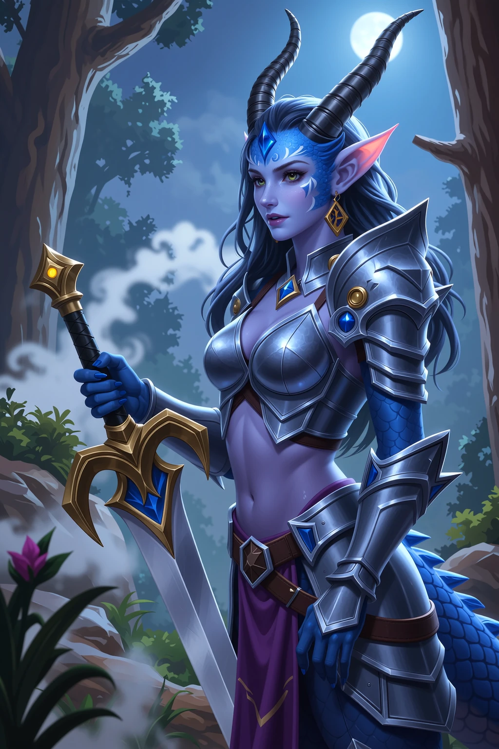 score_9, score_8_up, score_7_up, woman sitting on rock, golden armor, holding sword, fantasy, long curly purple hair, elf ears, waterfall <lora:ShonkaPony:1>