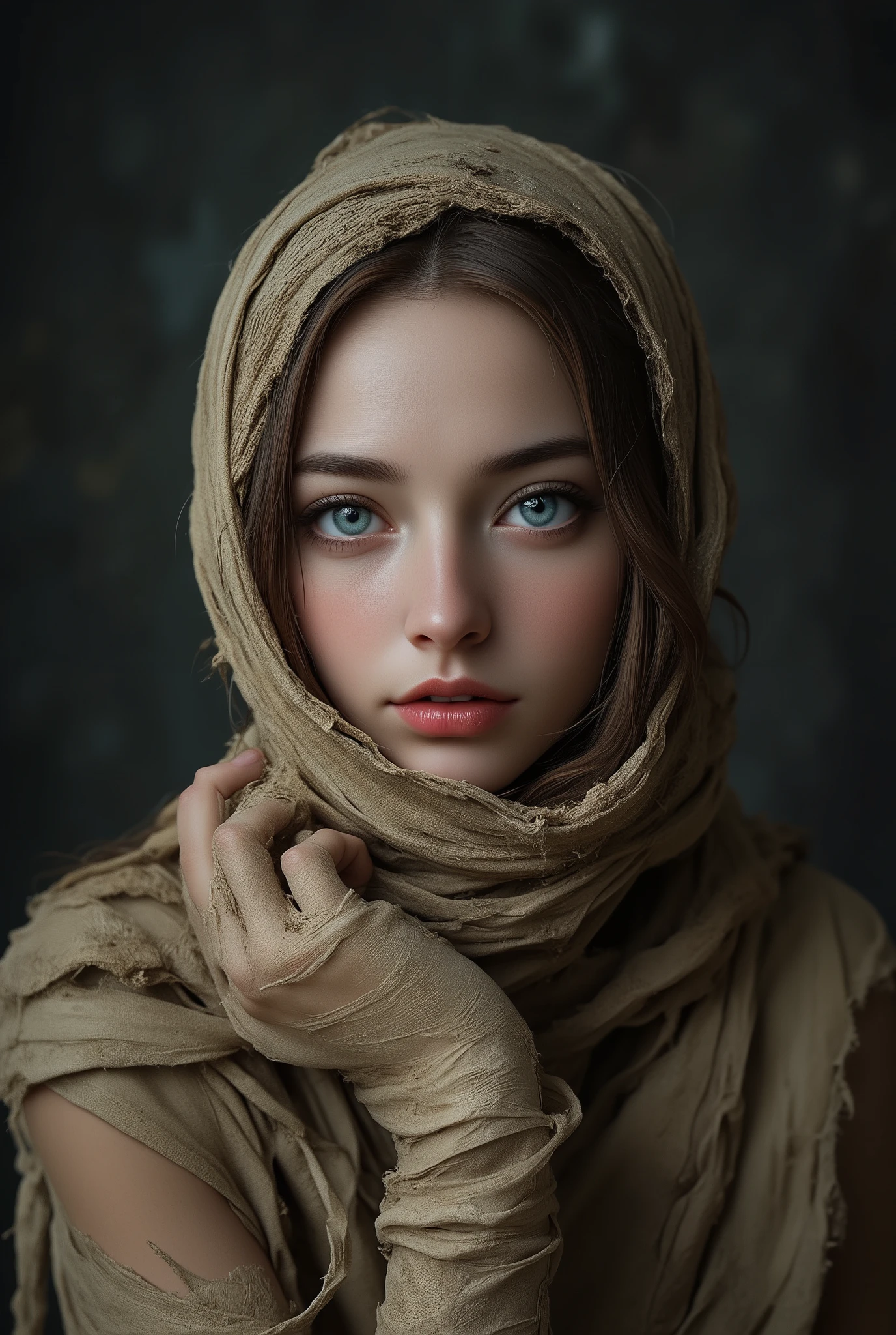 A portrait of a woman, partially obscured by decaying mummy wrappings. The woman's face is framed by the tattered cloth, with only her striking blue eyes, nose, and lips visible. The wrappings themselves are a muted, earthy beige, with visible textures and frayed edges, suggesting age and decay. The lighting is dramatic, highlighting the woman's face and creating shadows that emphasize the texture of the wrappings. The overall mood is one of mystery and melancholy. The background is a dark, textured surface, providing a stark contrast to the woman's face and the wrappings. The image utilizes a shallow depth of field, focusing on the woman's eyes and the immediate foreground, blurring the background slightly. The style is reminiscent of classical portraiture, with a touch of the macabre. The composition focuses on the woman's face, with her hand partially visible, clutching more of the wrappings. The color palette is muted and desaturated, with an emphasis on browns, beiges, and blues.