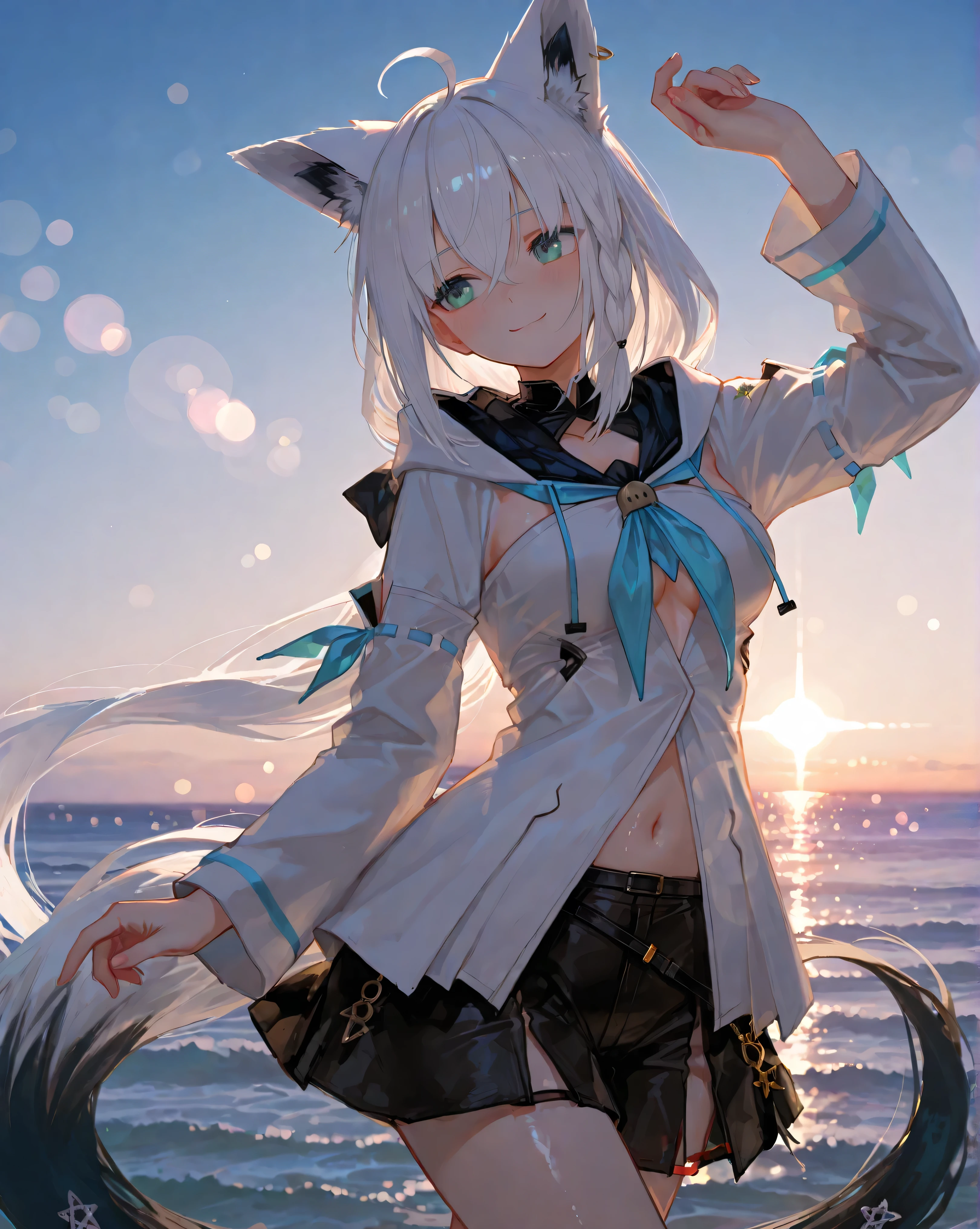 1girl, Shirakami Fubuki_(Hololive), High Quality, masterpiece, 4K, 8k, Hi-Res, super detailed, HDR, ultra high definition, Studio Lighting, Ultra Fine Painting, extremely detailed explanation, Professional, bright colors, Bokeh, Anime Style,source anime ,shiny skin, cinematic, masterpiece, 最High Quality, Good quality, Newest, Sea, on the embankment, dancing, fantastic, backlighting, smile, uniform, youth