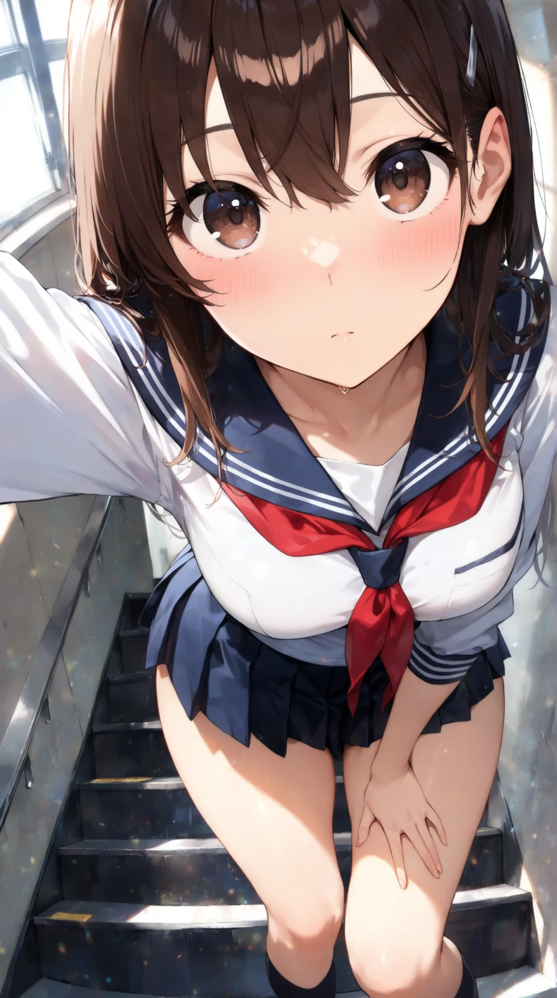 Highest quality, masterpiece, High resolution, alone, {inazuma_Fleet Collection}, brown_hair, Folded_ponytail, brown_eye, length_hair, Open_mouth, smile, Sailor suit, show off panties, (White panties), Wet clothes,Nipples, ,((Flat Chest, Small breasts, flat chest)), Navy blue pleated skirt