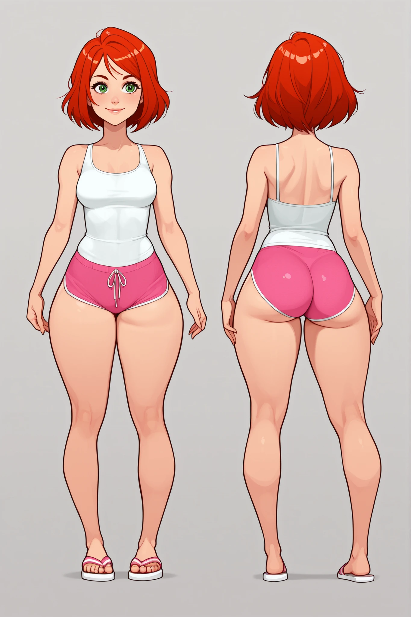 a beautiful 20 years old girl, cute, orange-red medium short hair, green eyes, small-medium size breasts, tall body, big ass, wearing a tight plain white sleeveless top and tight pink shorts with sleepers flip flops, curvy body, thick thighs, cute smile, sexy playful pose. 8K ultra HD, high quality, 2d cartoon style, full body, front view, back view, character sheet
