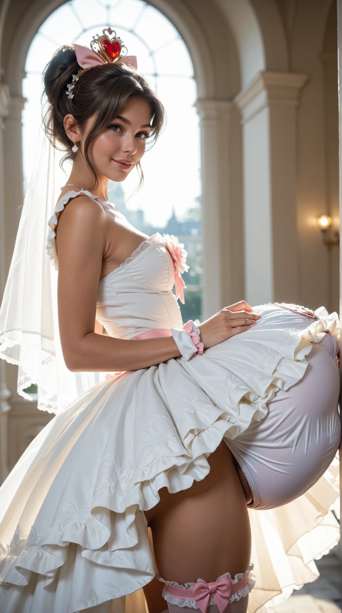 1girl, ((gigantic pussy bulge:1.3)), magical girl outfit, frilly wedding dress, side view, looking viewer, 