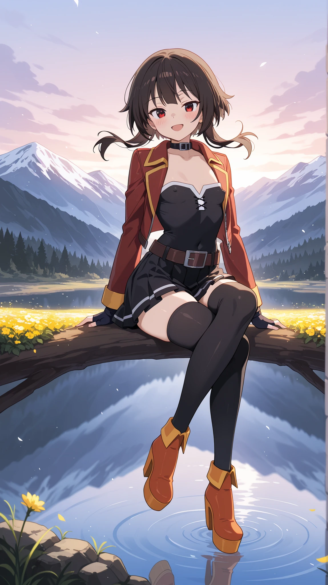 BREAK (masterpiece:1.2), best quality, high resolution, unity 8k wallpaper, (illustration:0.8), (beautiful detailed eyes:1.6),majestic alpine lake at sunrise, perfectly still water reflecting snow-covered mountains and pine forests, low mist drifting above the water’s surface, soft morning light painting the scene in pastel pink and gold, wildflowers and rocks along the shore, pure untouched nature, tranquil and cinematic, highly detailed landscape with natural textures, no peoplemegumin, short hair, black hair, red eyes, short hair with long locks,thighhighs,belt, black thighhighs,red leather jacket,open jacket,black short top,frilled mini skirt,black skirt,black chocker,strapless top,blush,looking at viewer,full body shot,alluring body curves, seductive expression,floating hair,seductive pose,detailed body posture,cross legs,berely vissible nipples through clothes,smile,open mouth,platform heels,
