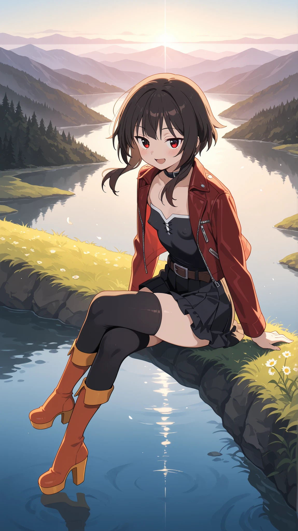 BREAK (masterpiece:1.2), best quality, high resolution, unity 8k wallpaper, (illustration:0.8), (beautiful detailed eyes:1.6),majestic alpine lake at sunrise, perfectly still water reflecting snow-covered mountains and pine forests, low mist drifting above the water’s surface, soft morning light painting the scene in pastel pink and gold, wildflowers and rocks along the shore, pure untouched nature, tranquil and cinematic, highly detailed landscape with natural textures, no peoplemegumin, short hair, black hair, red eyes, short hair with long locks,thighhighs,belt, black thighhighs,red leather jacket,open jacket,black short top,frilled mini skirt,black skirt,black chocker,strapless top,blush,looking at viewer,full body shot,alluring body curves, seductive expression,floating hair,seductive pose,detailed body posture,cross legs,berely vissible nipples through clothes,smile,open mouth,platform heels,
