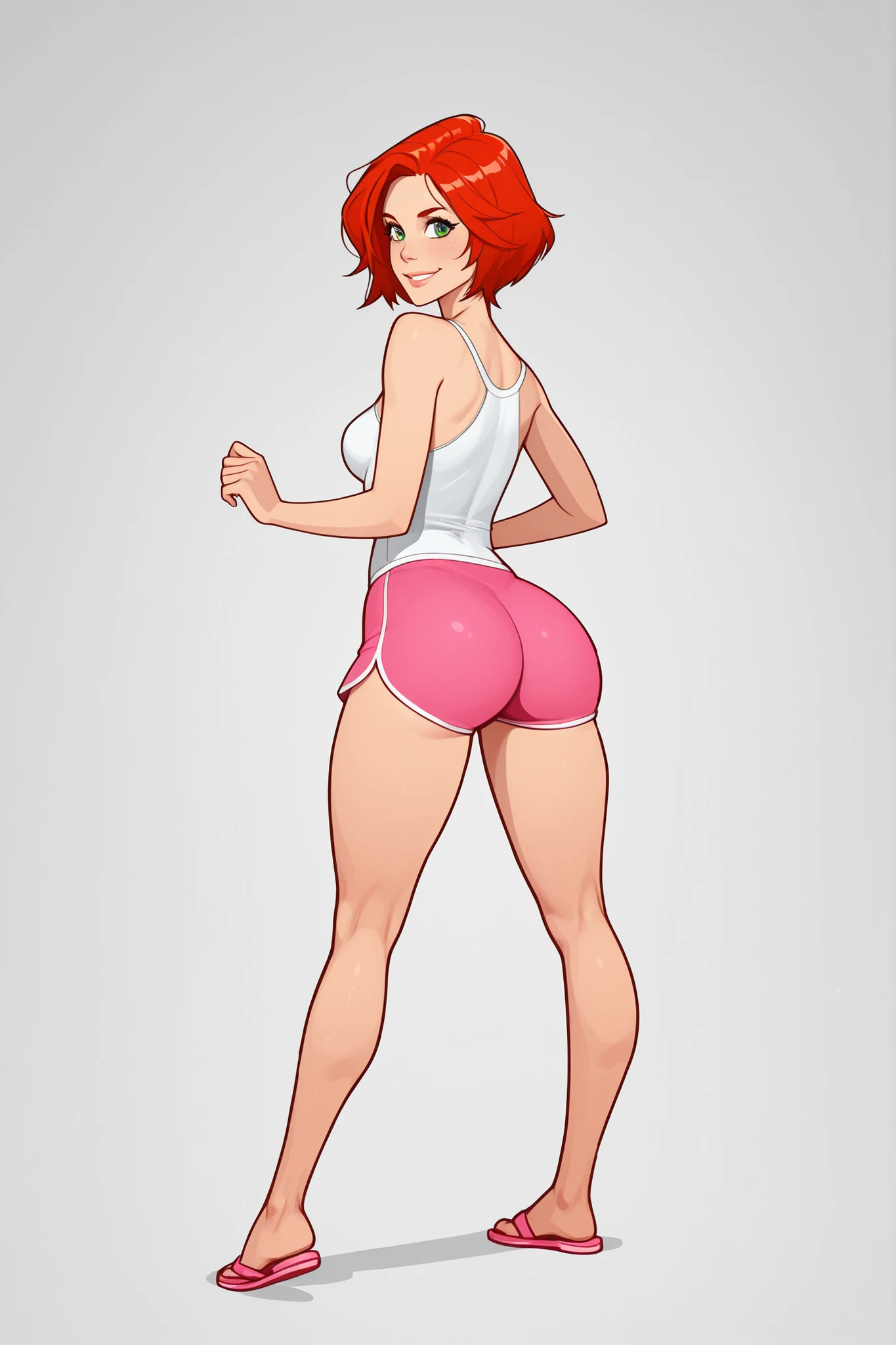 a beautiful 20 years old girl, cute, orange-red medium short hair, green eyes, small-medium size breasts, tall body, big ass, wearing a tight plain white sleeveless top and tight pink shorts with sleepers flip flops, curvy body, thick thighs, cute smile, sexy playful pose. 8K ultra HD, high quality, 2d cartoon style, full body, front view, back view, character sheet