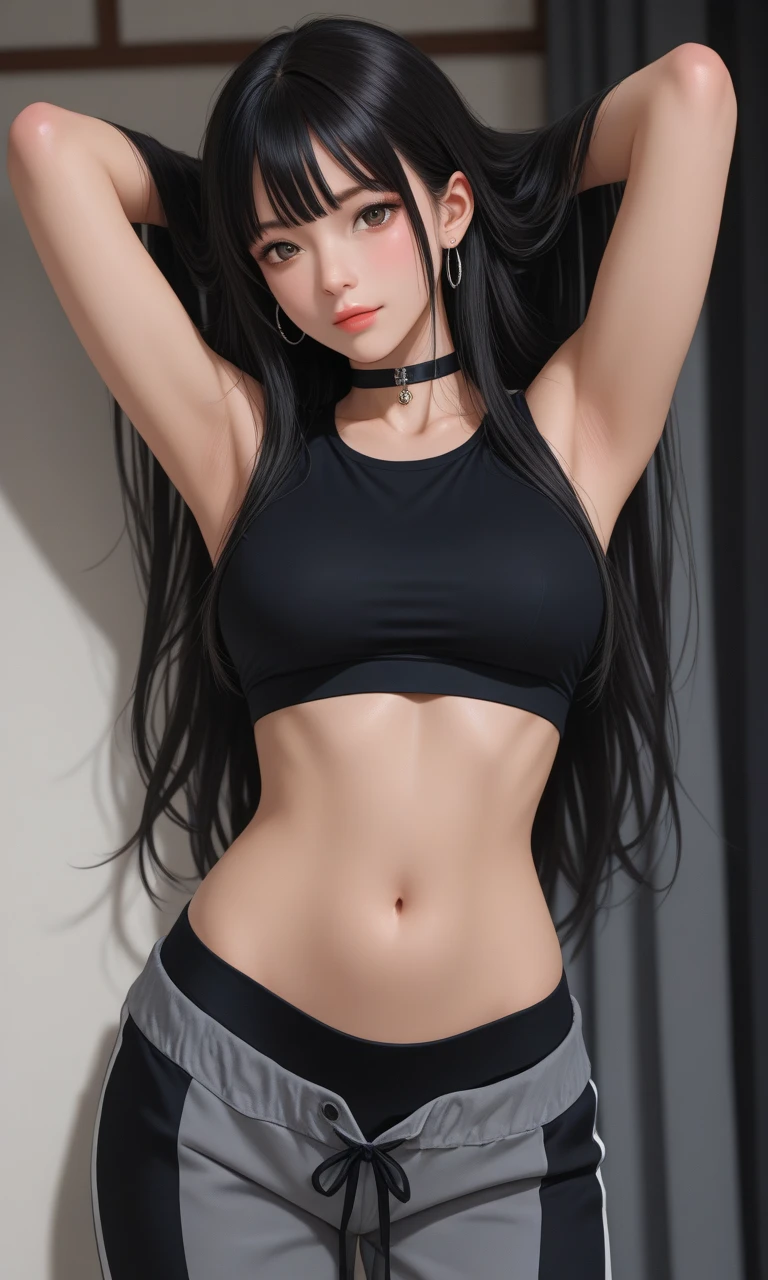 Black hair bob, (8k, RAW photo, photorealistic: 1.25), (very much lip gloss, many eyelashes, highest quality, ultra high resolution, depth of field, chromatic aberration, caustics, wide light, natural color, Japanese , Female in her 30s) Staring at the viewer, necklace, bracelet, choker, full body, big breasts, mole on chest, bare legs, see-through blouse