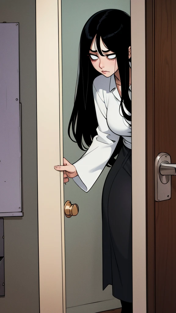 Sadako looking behind a door from a dark ropm, puerta entreabierta, ju-on, , horror, dark room, dark, tenebroso, miedo, thriller, filter below 