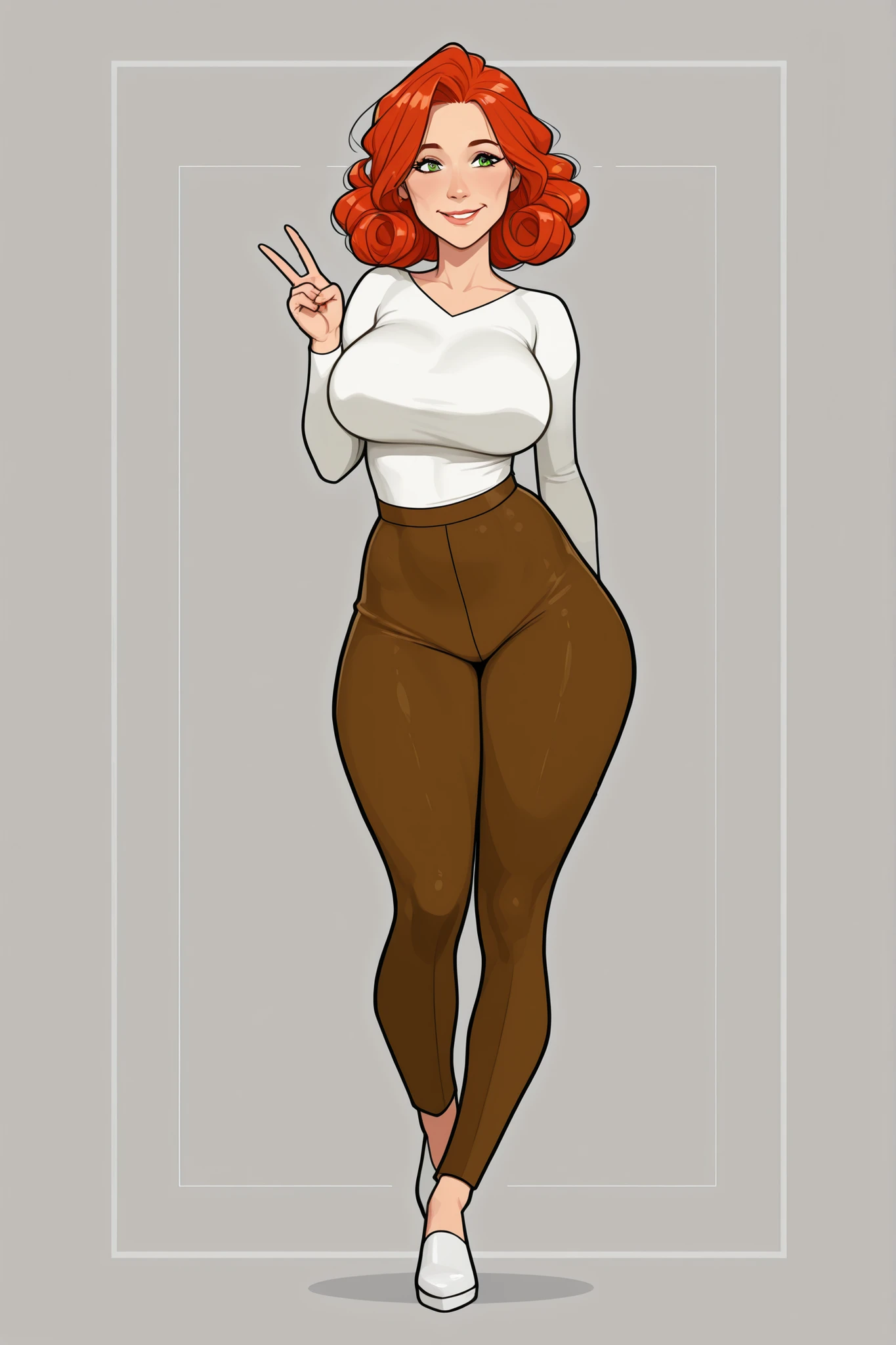 a beautiful 40 years old woman, milf, cute, long curly orange-red hair, green eyes, big breasts, tall body, big ass, wearing a tight plain white top and tight brown pants, curvy body, thick thighs, cute smile, sexy playful pose. 8K ultra HD, high quality, 2d cartoon style, full body, front view, back view, character sheet