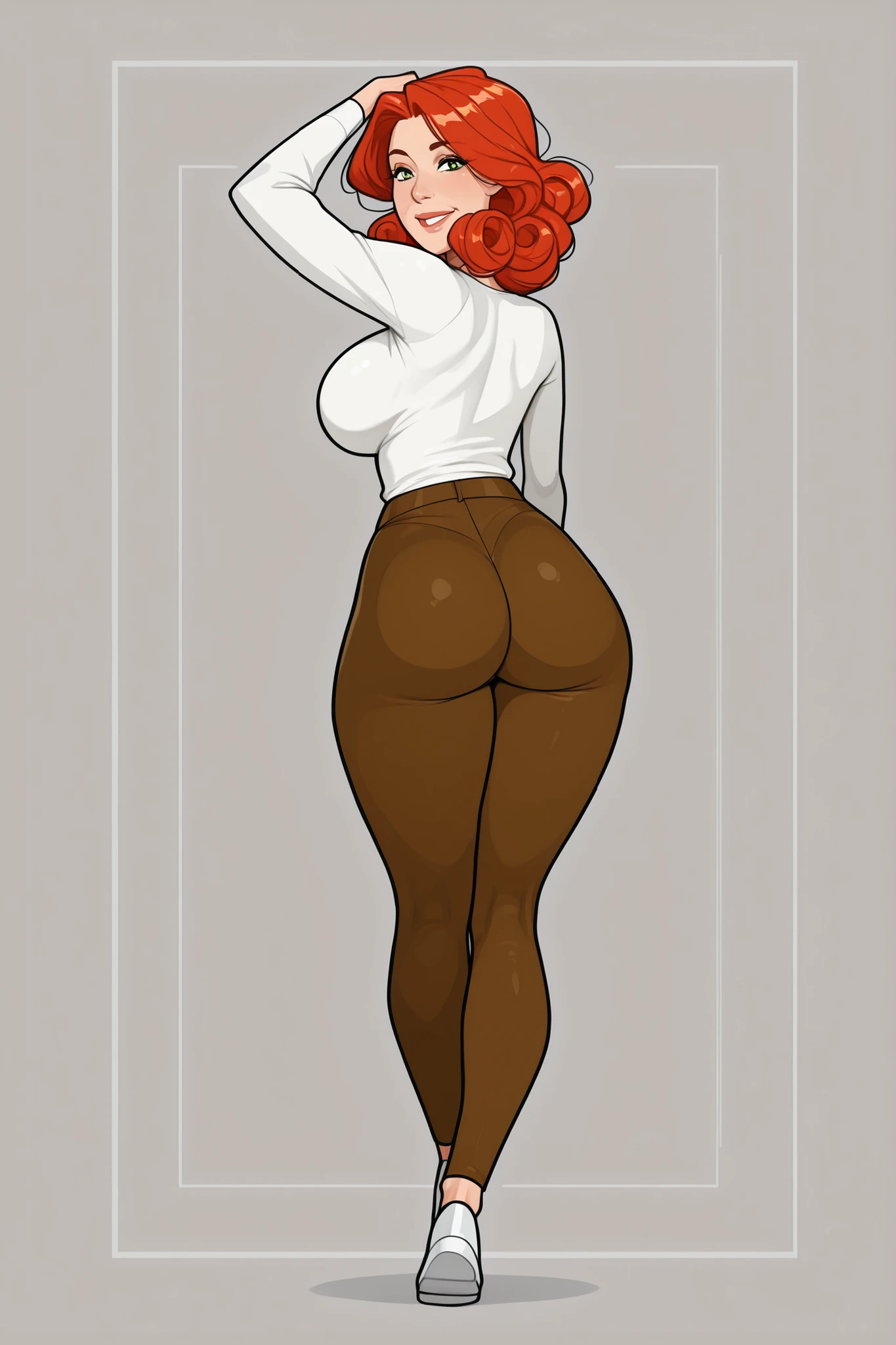 a beautiful 40 years old woman, milf, cute, long curly orange-red hair, green eyes, big breasts, tall body, big ass, wearing a tight plain white top and tight brown pants, curvy body, thick thighs, cute smile, sexy playful pose. 8K ultra HD, high quality, 2d cartoon style, full body, back view, character sheet