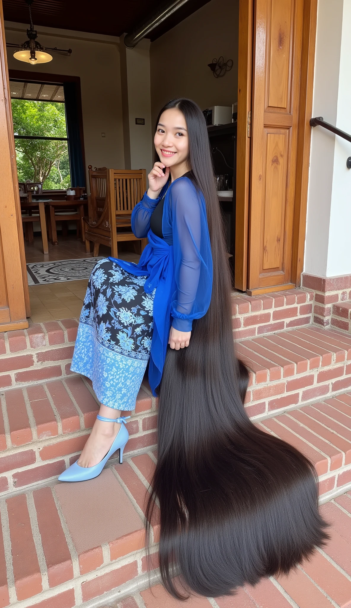 A young Vietnamese girl is in a cafe N-32, Kalaw,Nam . A very cute little girl with pink lips and dimpled cheeks.She is sitting on a brick staircase at the cafe door coffee.She wears traditional Myanmar dress, Wearing a transparent blue robe with black panties,Black htamein skirt with light blue floral pattern and light blue heels.She has the longest hair up to 2 meters.Her longest roof is smooth and very thick.She lets her longest hair fall down her legs, floor and spread out.Bright and clear light.The backdrop is the cafe building N-32. ((Negative Reminder:
poor anatomy,  bad hand , bad fingers, missing finger, extra fingers, fused finger, mutant hand, chi thừa, malformed limbs, distorted body, translucent, low quality, unrealistic hair , bad eyes, Bad teeth))