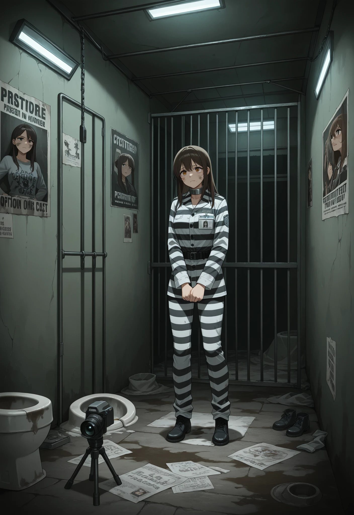 Hanaji,Prison,girls,Dirty,prisoner uniform,Striped clothing,prisons,The warden,Surveillance Camera,dirty floor,Dirty wall,dirty toilet,Regrettable Faces,Posters are on, dirty bed in a dark tent,