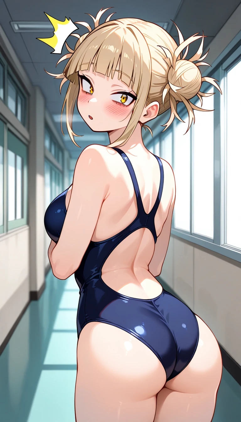 1girl, natural lighting, masterpiece, highly detailed, illustration, game CG, absurdres, high quality, kinomoto sakura, (18 year old girl), medium breasts, beautiful detailed eyes, glossy lips, natural lighting, medium fluffy blonde hair, messy hair, blue eyes, school, hallway, locker, blue one-piece swimsuit, looking back at viewer, shocked, surprised