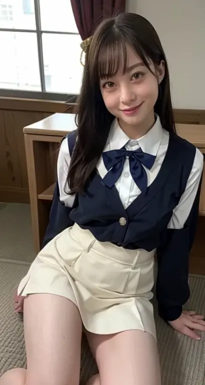 (masutepiece:1.3), (8K, Photorealistic, Raw photo, Best Quality: 1.4), Japanese, (1girl in), Beautiful face, (Realistic face), (Black hair), Beautiful hairstyle, Realistic eyes, Beautiful detailed eyes, (Realistic skin), Beautiful skin, Attractive, 超A high resolution, A hyper-realistic, Highly detailed, Golden ratio,School uniform.)、1girll、cute little、A smile、a closed mouth、Beautiful details、Beautiful nose in every detail、full body Esbian、wetting hair、Colossal Dalsepho、pork meat、student clothes、thighs thighs thighs thighs
