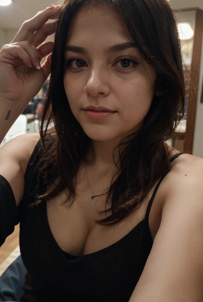 (Hermosa Emo mujer latina, cabello corto, cabello ondulado y desordenado, labios gruesos, Arriba Rosa, escote profundo, mirada coqueta, wearing tight tank top, (alta calidad, 4k, ultra detallado, fotorrealista:1.37), (retrato, colores vibrantes), (warm tones), (Soft lighting)