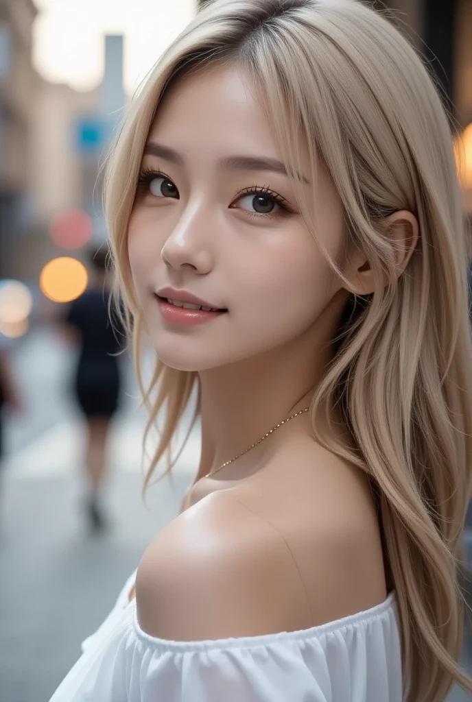 (((Blonde、forehead)))、Highest quality, White skin, Real human skin, (Detailed face), Oval Face, pores, Ultra-high resolution, (8K, RAW Photos, Realistic:1.4), One girl, slim, (Big Breasts:1.37, Cleavage), (She looks straight at the viewer with a calm, goddess-like happiness.:1.2), (Lifter Gloss, eyelash, Shiny surface, Highest quality, Ultra-high resolution, Wide lighting, Natural Shading), Teacher Fashion, No sleeve, White A-line dress, Put your arms behind your back:1.3,  Bokeh, Depth of written boundary, Cowboy Shot:1.3,