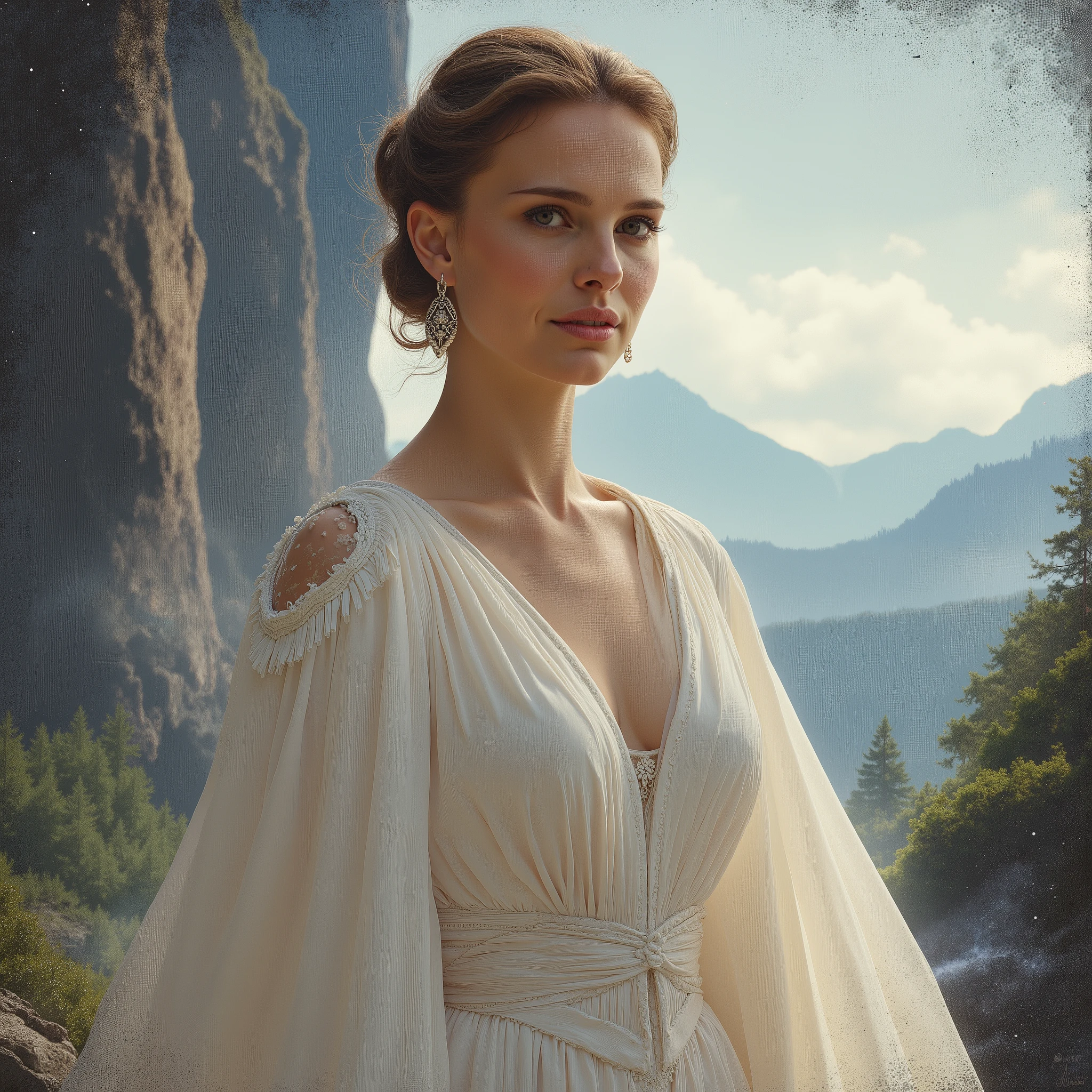 in the image of padme amidala star wars, on him white suit, hair collected , against the background of the cosmic sky, mountains and forests, , everything seems to be in haze and light colors