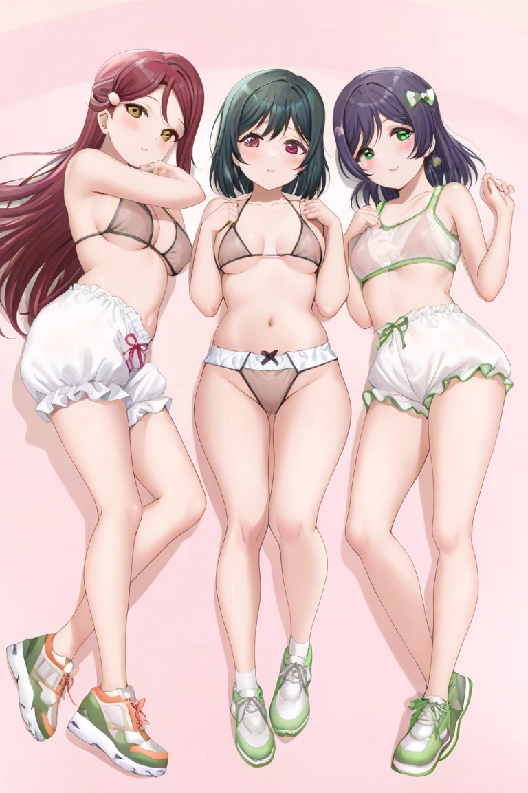 ( 4 diferent girls),4 Girls with pink hair, long double-tailed hairstyle, ((small bushy eyebrows)) walking to school, naked pussy, flirty smile, close up view from below on her crotch, mons pubis in the foreground, very close up to her mons pubis, hands on her tummy , bubbling semen on her pussy