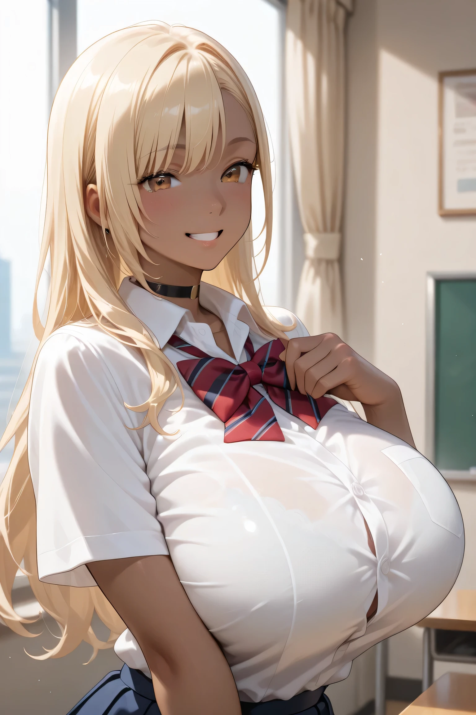 (masterpiece:1.3, Highest quality, Ultra-high resolution, Very detailed), (Realistic:1.1, photoRealistic:1.4), Beautiful illustrations, Perfect lighting,Beautiful detailsまでこだわった髪, Beautifully detailed face, Beautiful details,Beautiful body, Beautiful and juicy breasts, Beautiful thighs, Beautiful feet, View your viewers, 1 Girl,Perfect Face,Cute and symmetrical face、((Shiny Hair)),(Bedroom),(On campus、classroom),(かわいいsmile, smile)、Sexy Body、(masterpiece),(Highest quality:1.3),8k,Very clear,(Ultra-realistic), One Girl,Wide Shot,((Large Breasts)),Wide Hips,Beautiful feet, ((Juicy lips)),Captivating woman(Highest quality), (so beautiful), (Very detailedな), (Best illustrations), 1 girl, alone, Fine texture, (((Dark Skin))),((Light blonde hair)), ((Big Breasts)), Golden Eyes, Collared shirt, Black blazer, Pleated skirt,