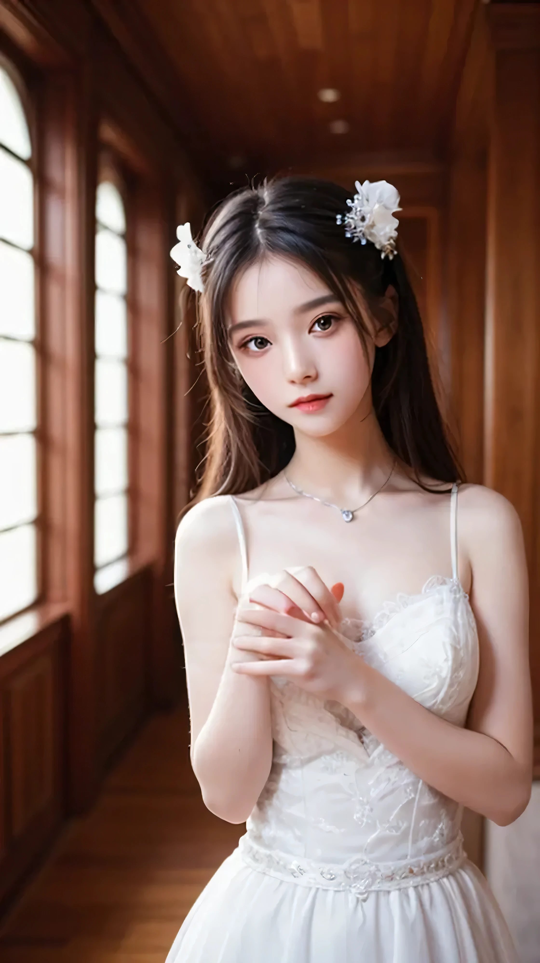 masterpiece, Highest quality, Very detailed, Best Shadow, Beautifully detailed face, Beautiful attention to detail, High Contrast, One girl, Black  shoulders, (Face Focus:1.3, Eye close-up:1.3), ((:1.3)), ,Cute face、Innocent face、Realistic Skin、A noble expression
