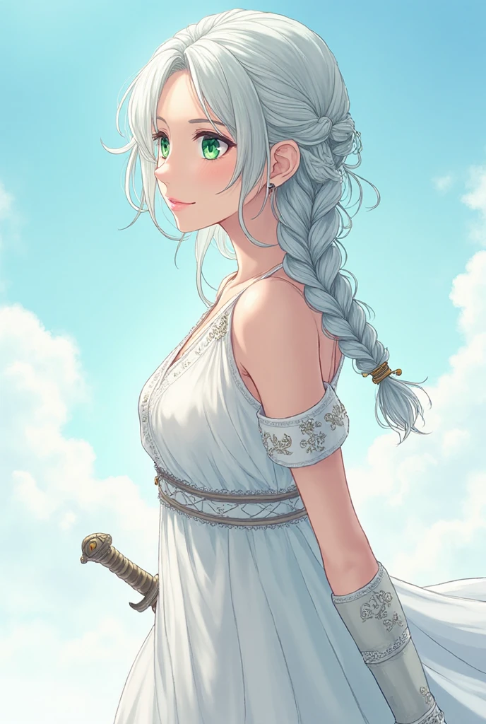 Let an anime woman with white hair with blonde eyes look like onepiece female characters, let her be thin, have a katana on her big waist, let her wear a samurai outfit on top, and let her drawings look like onepiece, let her hair be cut in layers and grass or whatever, let her face look like boahancook