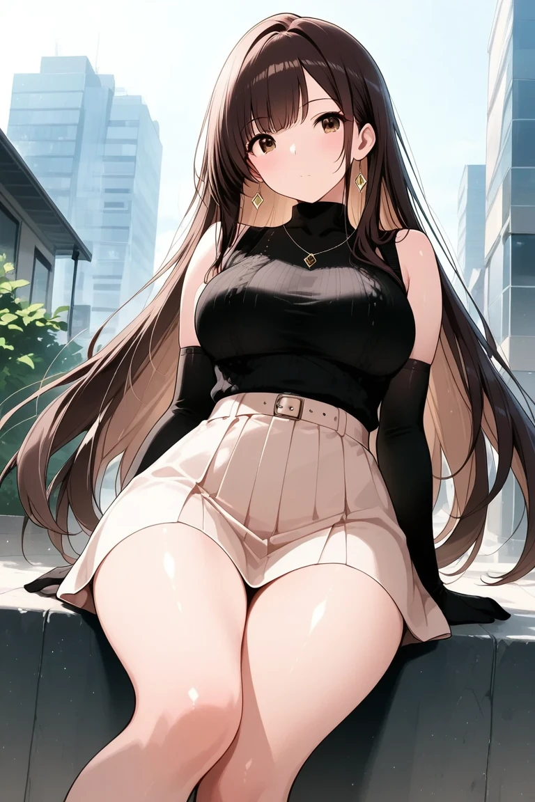 Detailed image of a loli, Long loose aesthetic tousled brown hair, sharp seductive red eyes, Beautiful face, smiling, full lips, dog ears, with earrings, small breasts, blushing eyeshadow, long thick eyelashes, posing coyly, dressed only in a low-cut sweater, small waist, wide hips, large round buttocks, beautiful thick bare thighs, view from below, shallow depth of field, volumetric lighting, Shadow Enhancement, Detailed cityscape, Shoulder blades (Highest quality, Amazing details: 1. 25), (only: 1.3), Bright colorful paintings.