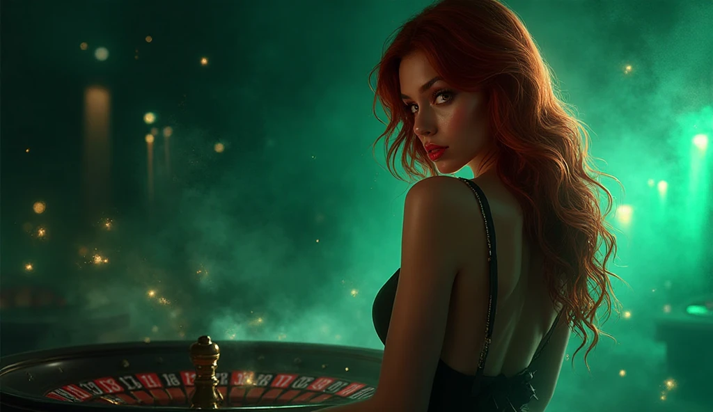 (Masterpiece.UHD.photorealistic. Analog photo 1940 style) dystopian world. in a dark Neo retro futuristic casino. low key. An ultra hot gorgeous European woman. Age 23. Epic cleavage (100e breast size) full red lips. with orange blonde hair. sitting and playing poker cards in a black dress, Very detailed. She is concentrating on the card game., Anti-realism. In the background a 1930 clunky and rusty giant evil war robot with glowing eyes.