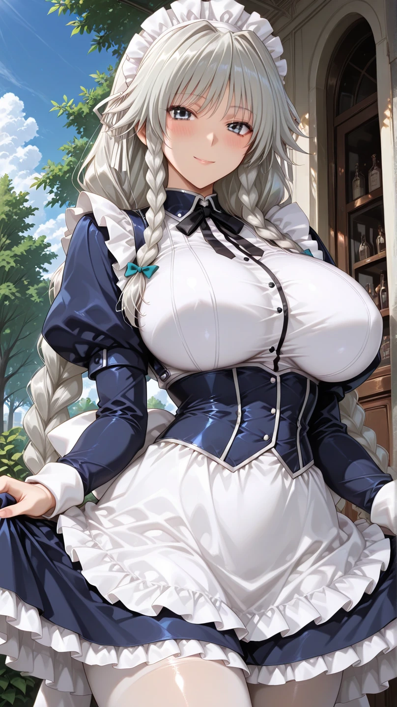 Obra maestra, mejor calidad, high resolution, eenoel, pelo largo, cola de caballo, adorno para el pelo, Cinta para el pelo, Ojos de Greeen, cuello halter, transparente, corbata azul, pantalones cortos negros, hombros descubiertos, vestido blanco, mangas separadas, correa del muslo, de pie, tiro de vaquero, al aire libre