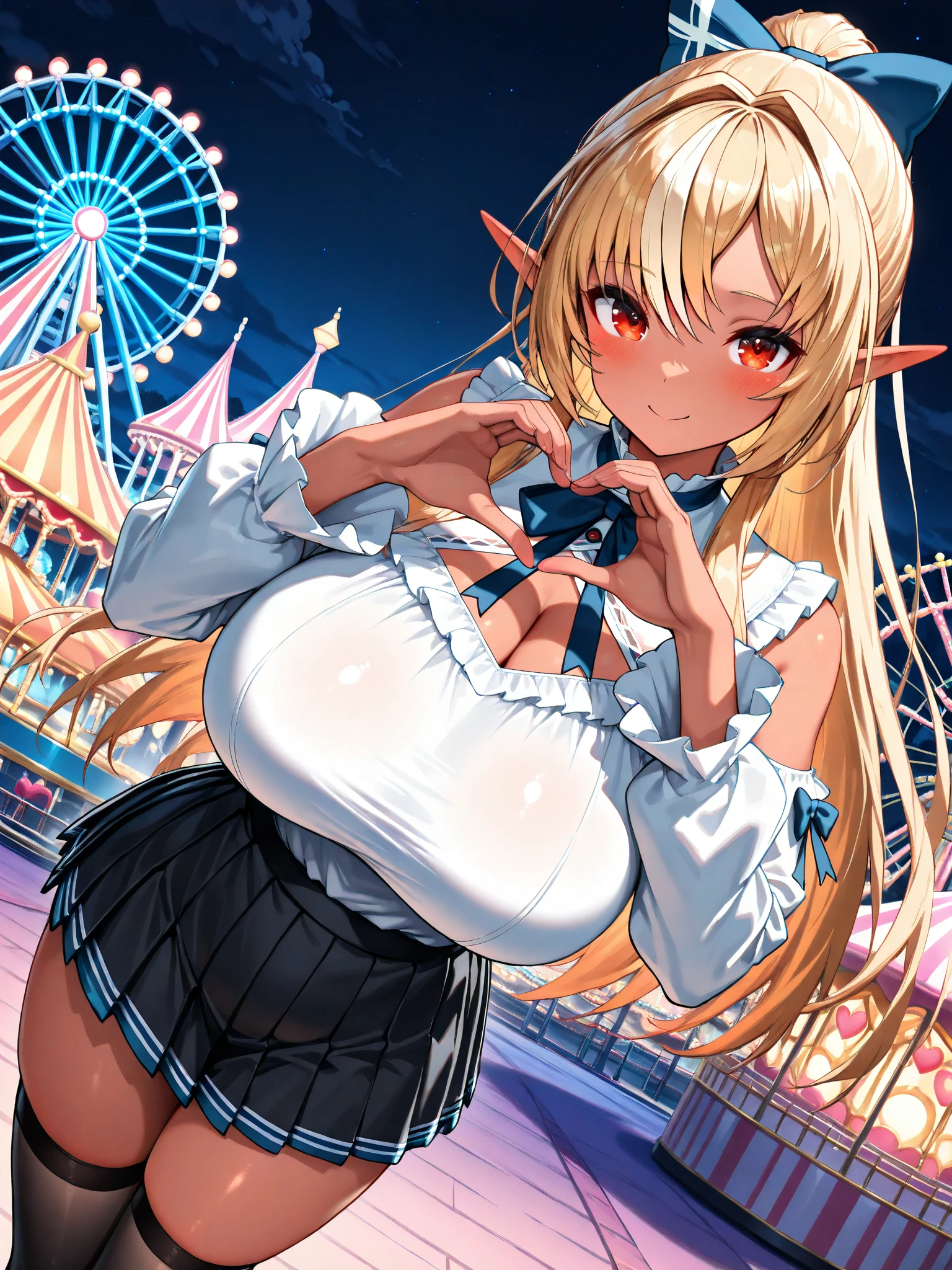 (beautiful detailed eyes:1.4),(eyes focus:1.4),loose  is sheer, button gap,(covered nipples:0.9),breasts,red white gold uniform,(side-tie peek:1.5),(cleavage cutout:1.4), white skirt, white top, red ribbon, golden buttons, golden shoulder pats, young adult, 19 years, (embarrassed,blush:1.5),blonde hair,long hair, open mouth, beautiful brown eyes, (big sagging breast, striking body curves:1.5), horny smile, pink lips, tiny girl, cute sexy pose, masterpiece, (dark midnight, a Ride on the Ferris wheel:1.7), (gravure pose:1.5),( Perfect body skinny beauty: 1.4),