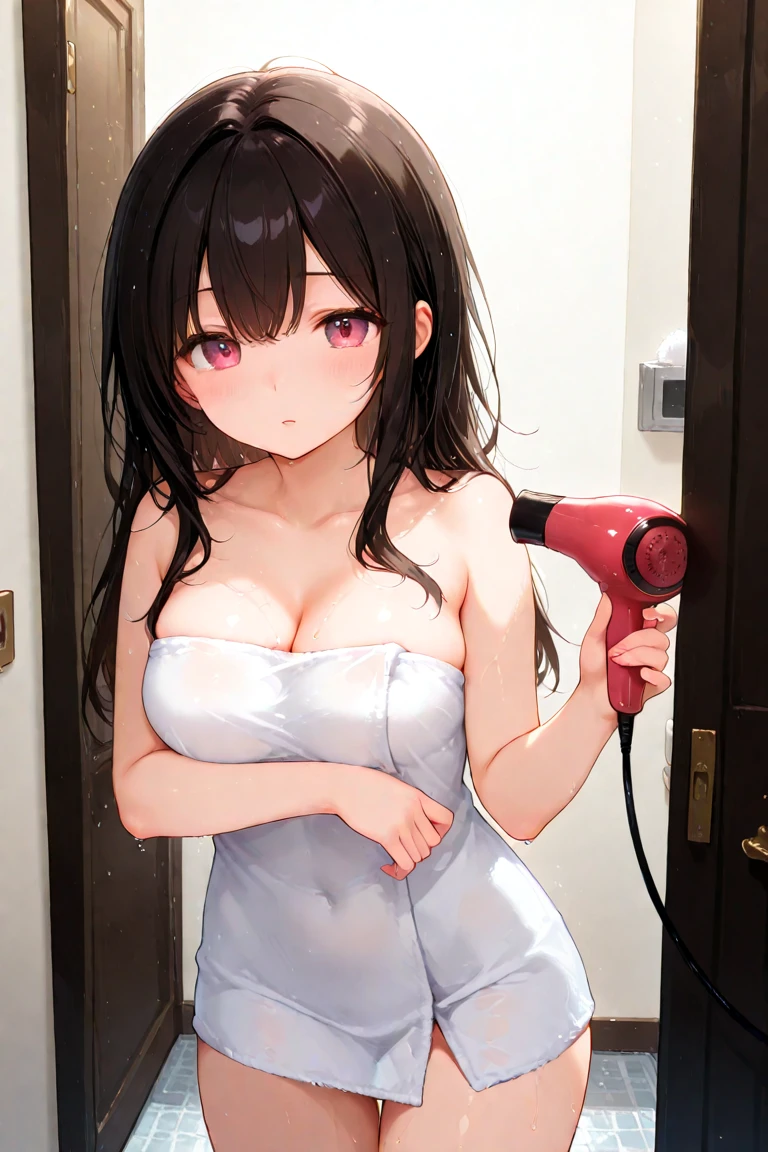 big breasts, naked towel, sweat,wet, armpits, (naked towel:1.4),(white towel:1.2),(fluffy towel:1.7),Upper Body, Realistic, real person, (pale skin: 1.2), RAW photo, photorealistic, portrait photography, shiny skin, shiny hair、(A 35-year-old woman with medium-length hair and bangs) and (wavy hair) and (brown hair) and (Orange Eyes), (embarrassed, blush:1.5), in bath dressing room, Alone、