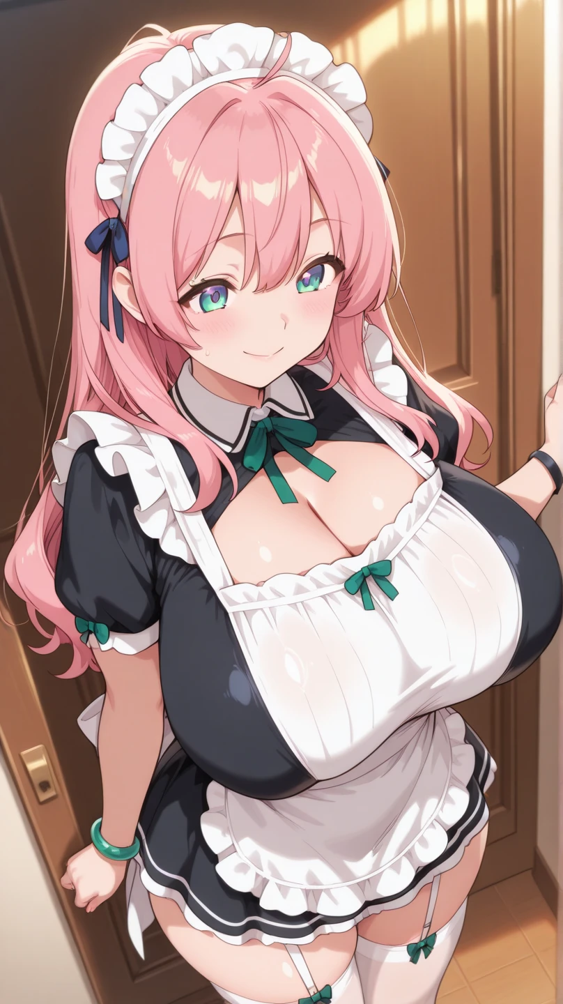 1 girl, game CG, frilly maid outfit, cleavage visible, short skirt lift, maid's hair ornament, maid's small apron, black garter belt, gigantic breasts, pink hair, long hair, low twintails, princess hairstyle, ahoge, pink eyes, embarrassed, indoors,