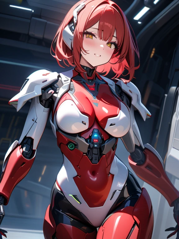 Be quiet,View items in the warehouse,There is sufficient supply in the warehouse,It was pitch dark,End of the World,Adult women,youth,Short red hair,Wave hairstyle,look around,Wearing an exquisite dark gray mecha suit,Armor suit with huge and thick limbs,Only the male youth’s hair and face are exposed,Close-up of upper body,Large Breasts,Sexy,Smile,lipstick,cleavage