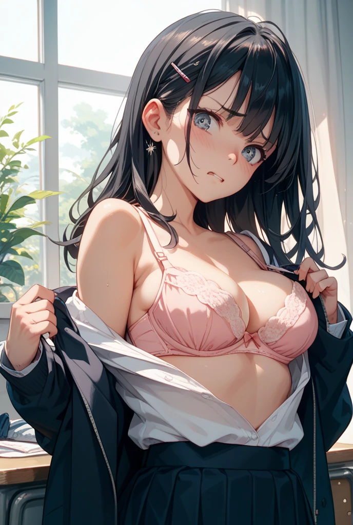((Tabletop, Highest quality, High resolution, Hmph, Pixel perfect, Depth of written boundary, 4K, Hmph, Hmph))), One Girl, single, alone, Beautiful Anime Girls, Beautiful art style, Anime characters, 24-years-old, ((Long Hair, bangs, Dark brown hair, Curly Hair:1.4, hairpin)), ((Detailed face, blush:1.2)), ((Smooth texture:0.75, Realistic texture:0.5, Anime CG style)), ((Medium chest, Cleavage)), indoor, Bedroom, Side Angle, Big Breasts, Perfect body, Raise your hand, Underarm, ((Fall asleep in bed:1.8, Lying on your back:1.95, Sleeping pose, close your eyes)), ((close, throw, cute, Shoot in the face, Sighing expression)), ((White sweater, skirt, Bra visible from inside clothes)), Natural light