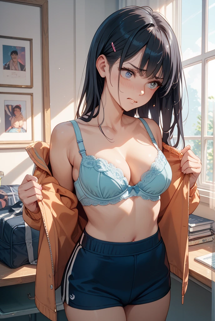 (Masterpiece), (8Quality K), I'm looking at the viewer、mischievous smile, {sixteen year old}, ( For girls),Random hair,, flat chest ,Light blue and white striped bra and panties,((((unbutton your shirt, to show off your bra.,)))),,((Lie down and spread your legs,(lift your skirt, To show off your panties ))),((Spectacular lighting)),