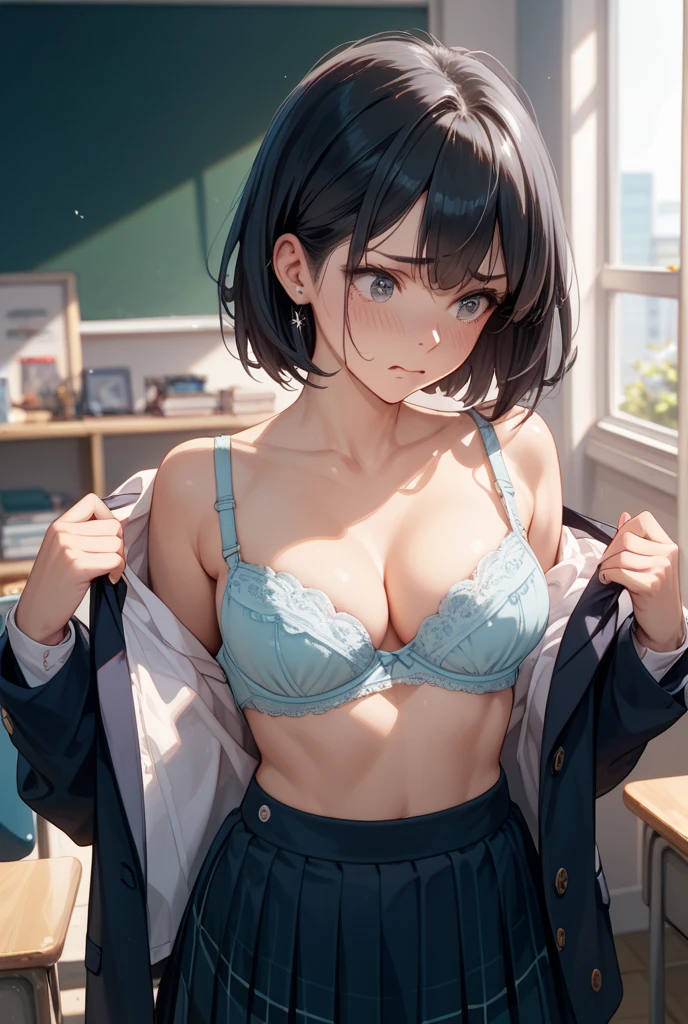 ultra-absurdres-Top quality by artist God, ultra-detailed, high resolution, anime moe artstyle, best anime 8k konachan wallpaper, pixiv contest winner, perfect anatomy,break, 1girl, (Please draw a girl dressing in locker room alone. )break,(Solo,little female, loli_face, 15-year-old:1.3),Full limbs, complete fingers, bare breasts, beautiful (well-shaped) breasts, (bra:1.1),cleavage, navel, groin, butt, small black eyes, beautiful detailed eyes, well-proportioned iris and pupils, highres detailed hair, sweat, expressionless, (dressing, open clothes,open shirt,underwear),(bra lift:1.2),(Detailed Lighting), (Detailed background),indoors, in the school locker room. break,super detailed skin, shiny skin, Best sexual lighting powered by famous artist, 8k,beauty illustration,photoshop_(medium),very aesthetic,break,((artist:shimazaki_mujirushi )), artist:clamp ,artist:carnelian ,artist:kantoku ,