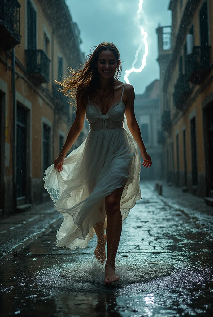 1 girl "Gal Gadot com vestido Verde longo", flutuando na cidade with lightning bolts, Mulher no vestido Verde longo com cabelo vermelho e preto, gothic maiden, Art not Guweiz style, No estilo de arte Bowater, 8k arte detalhada de alta qualidade, gothic art style, wearing a gothic dress, fechamento, Olhos vermelhos, olhando para baixo, cabelos brancos, vento, head tilt, cabelos brancos, Cabelos Longos, Tira vigorosa, cabelos lisos, cabelo grande, cabelos expressivos, (Olhos vermelhos que brilham intensamente:1.8), olhos para baixo, (Olhos vermelhos:1.5), Pessoas fugindo das ruas movimentadas da cidade repleta de lojas々, rua movimentada, A huge amount of purple lightning shot out from the girl'the hand and hit the city, lightning clouds, Atmospheric lightning, Pink Lightning, with thunderstorms, Tempestade escura with lightning bolts, Dramatic purple lightning, Lightning in the sky, contrast lightning, thunderstorm in the sky, lightning in the background, with lightning bolts, clima tempestuoso with lightning bolts, Top volumetric lighting,Efeito de usar aura roxa,(Control a large number of beams with open arms:1.4), Lightning effect on both hands, Countless balls glowing purple around the girl,goddess of lightning, tempestade, storm outside, Ela atrai muitos raios roxos,