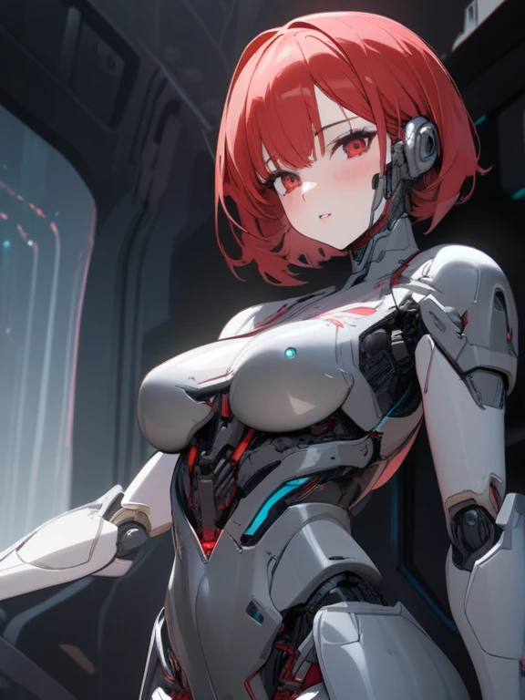Absurd resolution, high resolution, (masterpiece: 1.4), hyper-detail, 1 young woman, short red hair, pilot suit, rich princess, shy blushing expression, background is a large scientific observatory with lots of big screens